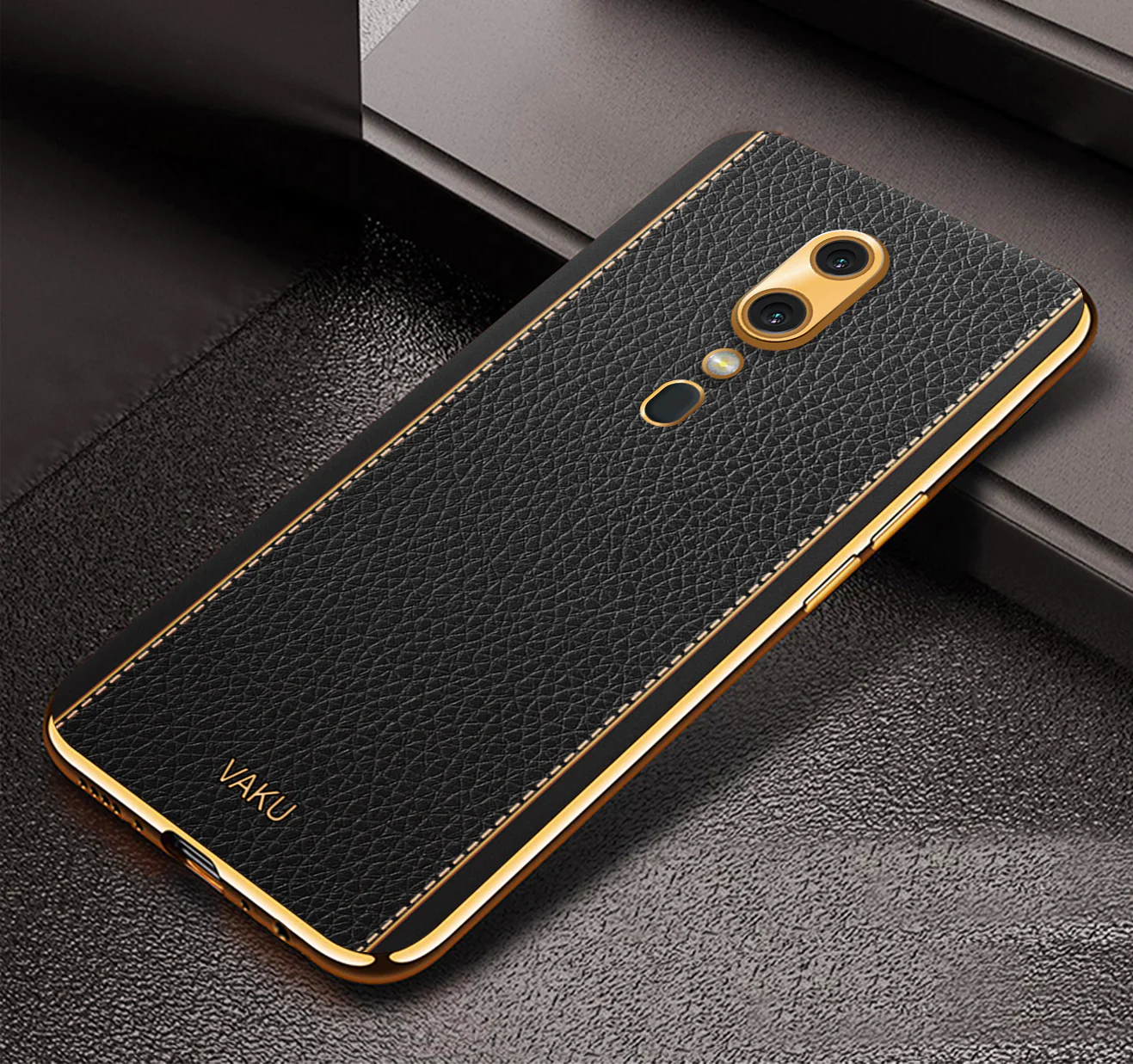 Vaku® Oppo F11 Luxemberg Series Leather Stitched Gold Electroplated Soft TPU Back Cover - Image 4