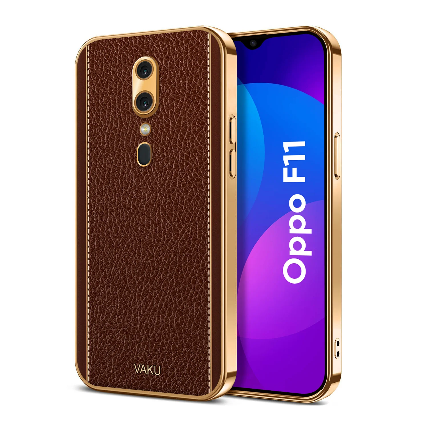 Vaku® Oppo F11 Luxemberg Series Leather Stitched Gold Electroplated Soft TPU Back Cover - Image 5