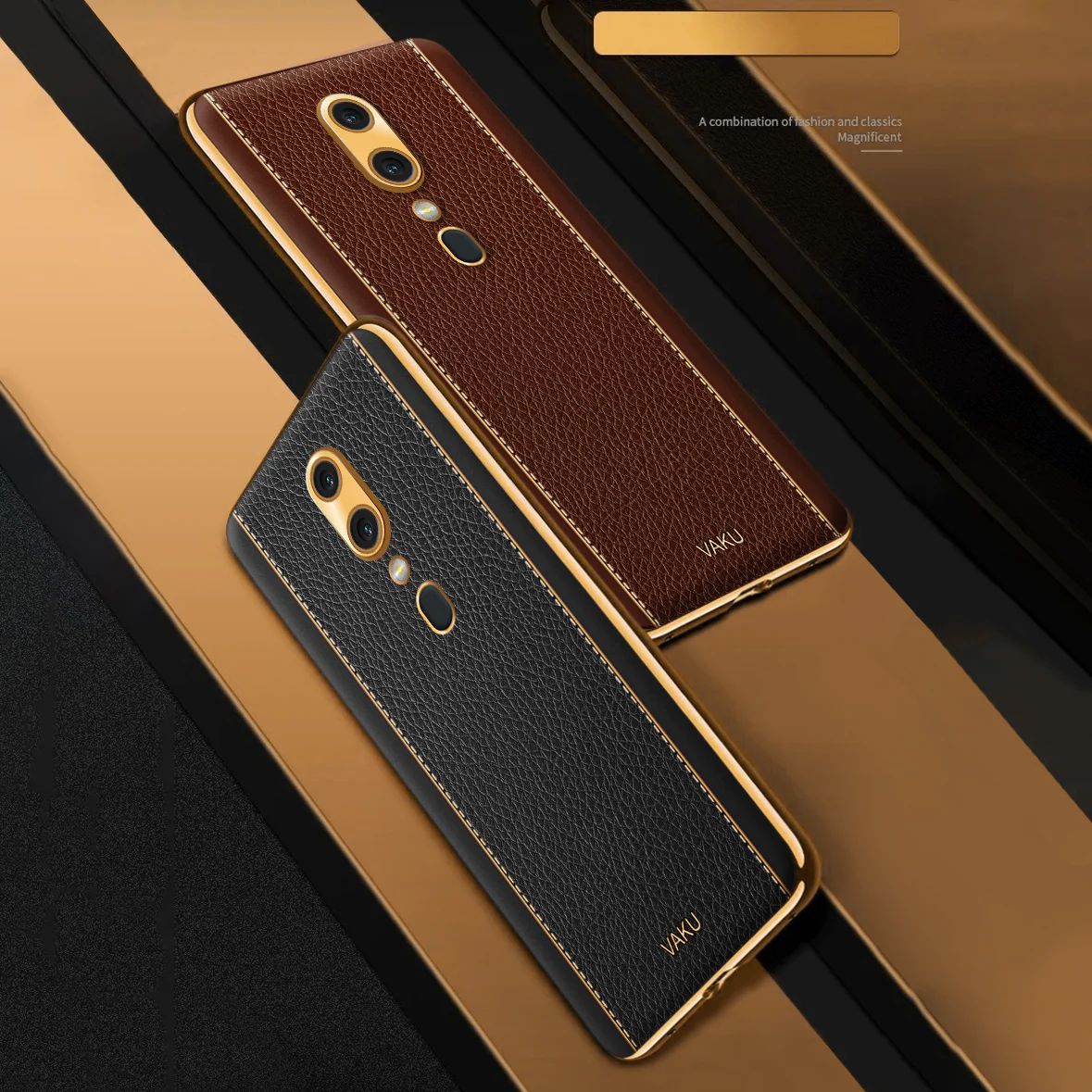 Vaku® Oppo F11 Luxemberg Series Leather Stitched Gold Electroplated Soft TPU Back Cover - Image 6