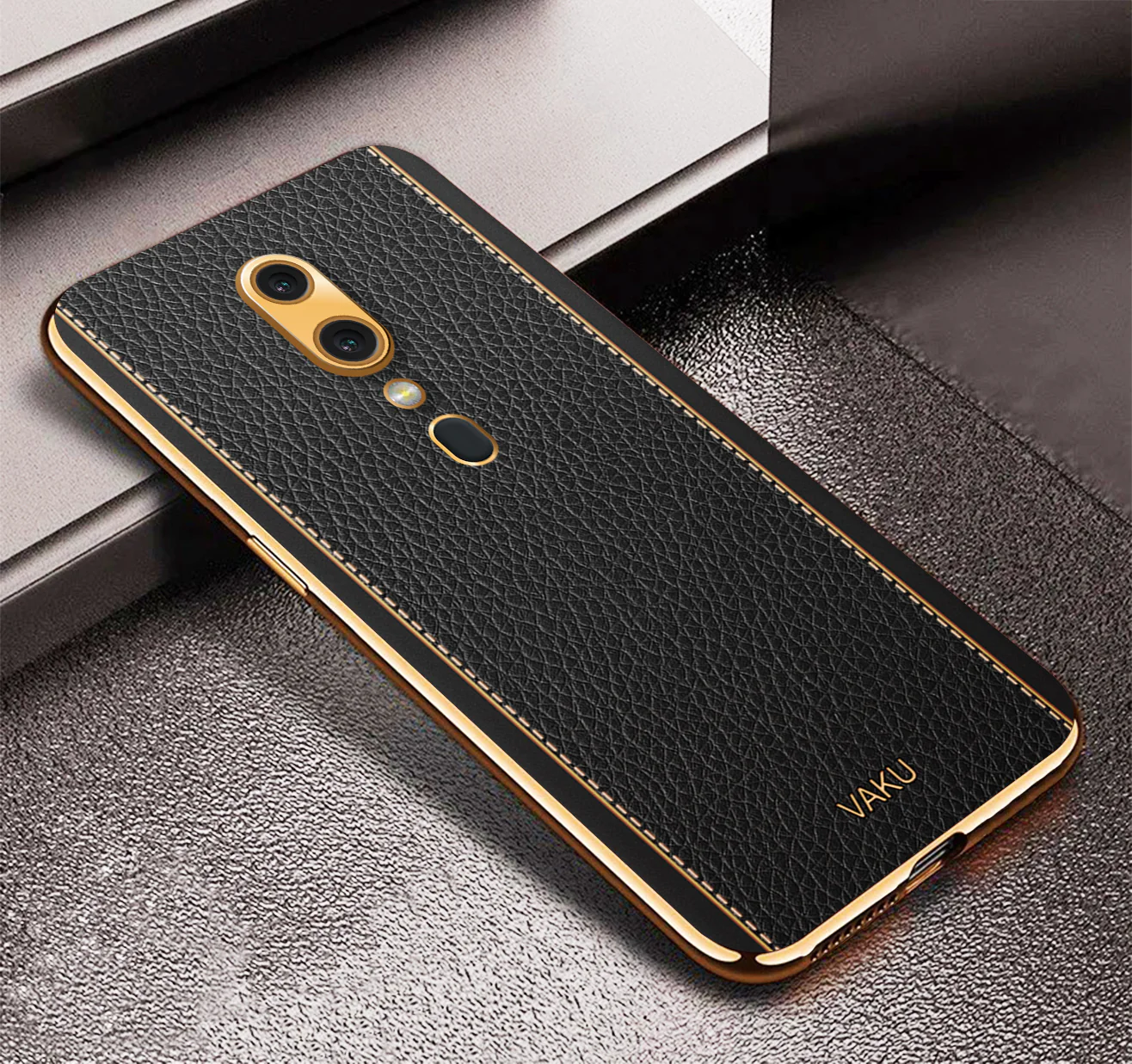 Vaku® Oppo F11 Luxemberg Series Leather Stitched Gold Electroplated Soft TPU Back Cover - Image 9