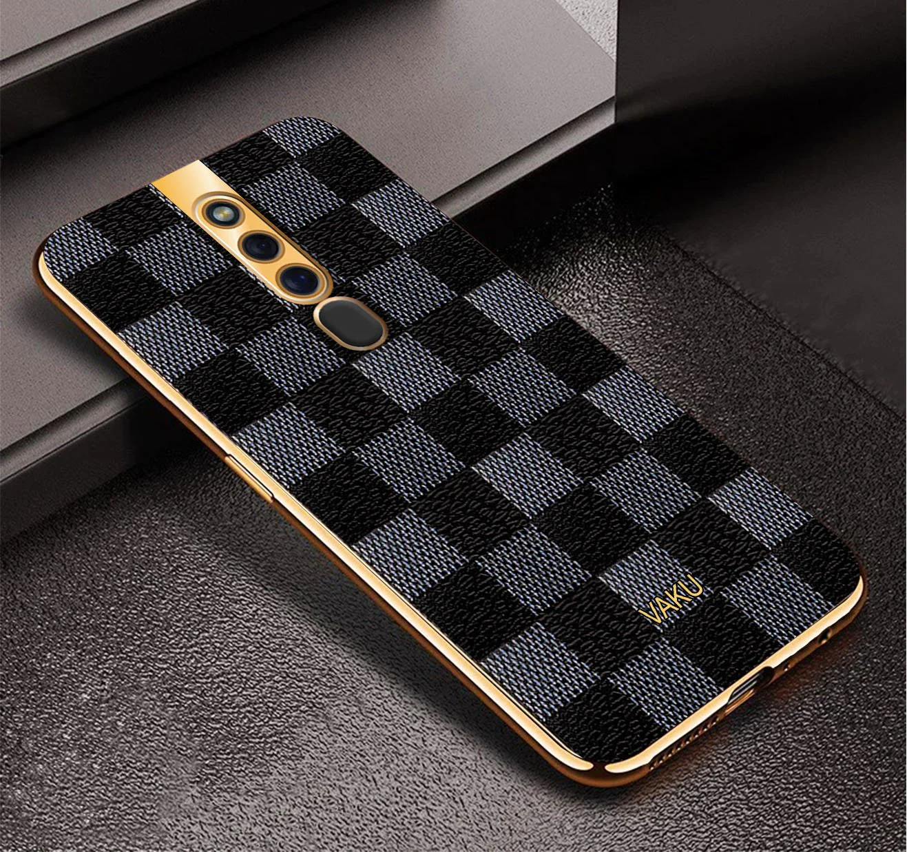 Vaku® Oppo F11 Pro Cheron Series Leather Stitched Gold Electroplated Soft TPU Back Cover - Image 3