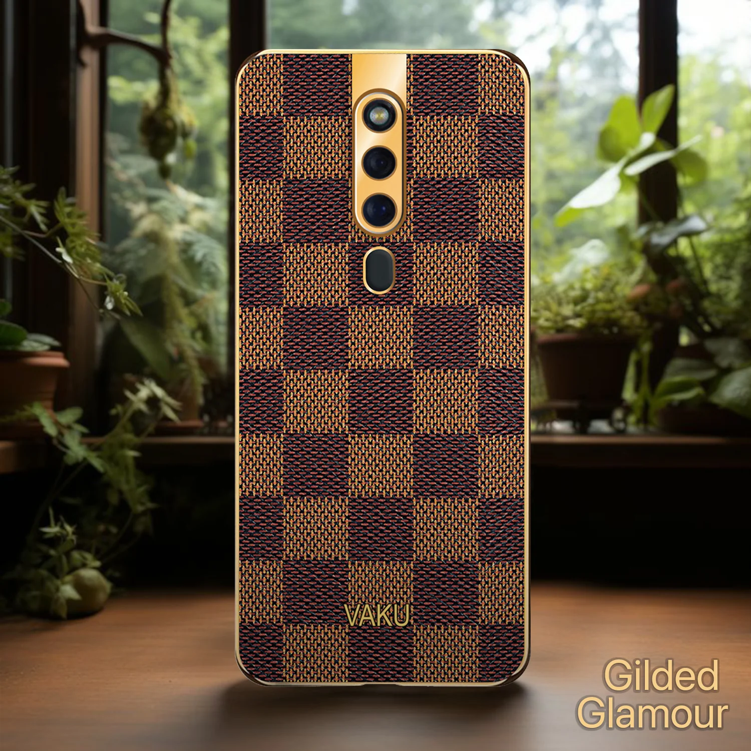 Vaku® Oppo F11 Pro Cheron Series Leather Stitched Gold Electroplated Soft TPU Back Cover - Image 4