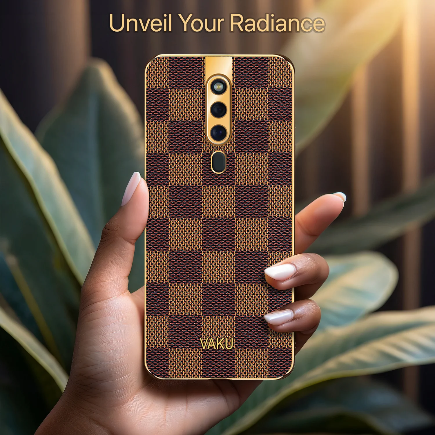 Vaku® Oppo F11 Pro Cheron Series Leather Stitched Gold Electroplated Soft TPU Back Cover - Image 5