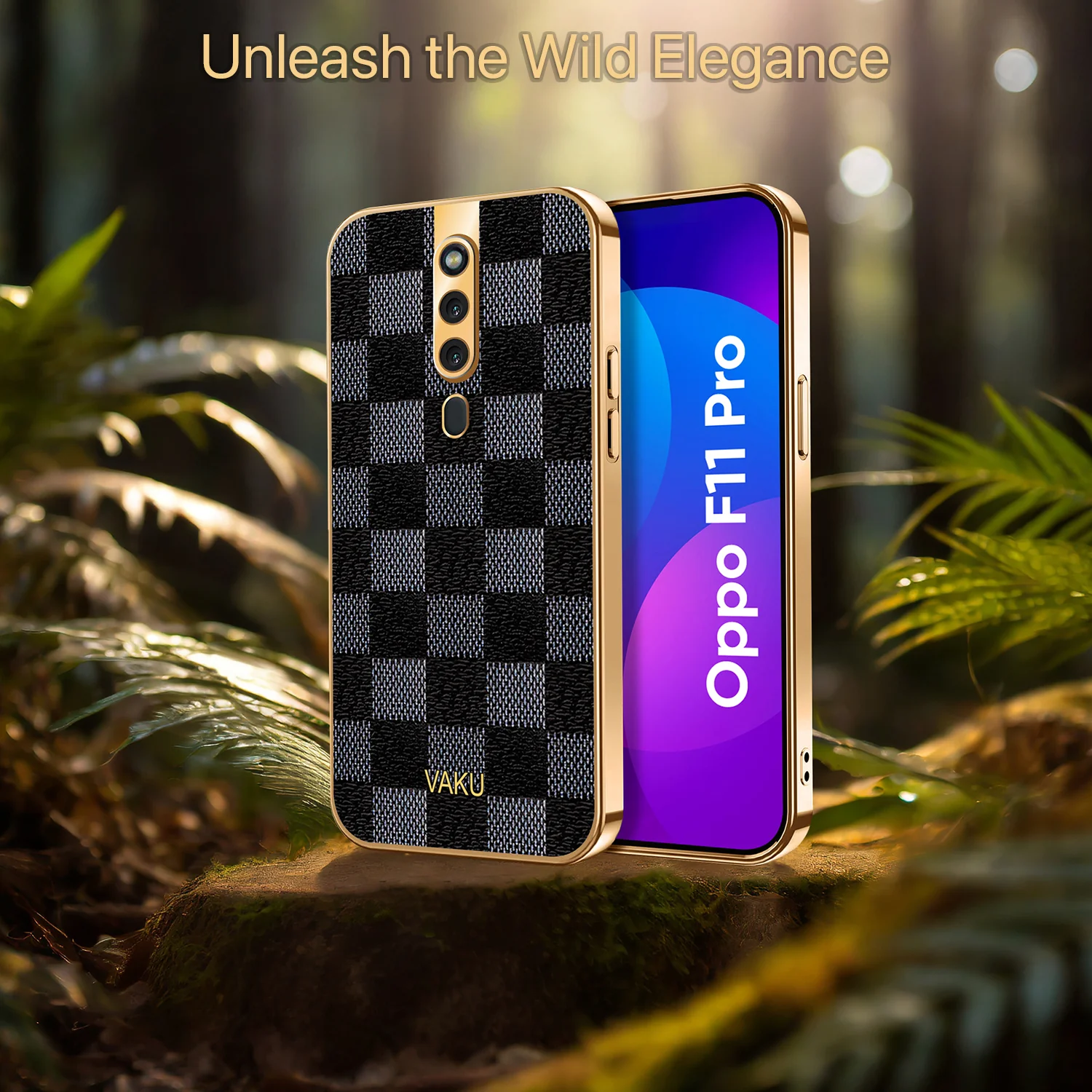 Vaku® Oppo F11 Pro Cheron Series Leather Stitched Gold Electroplated Soft TPU Back Cover - Image 6