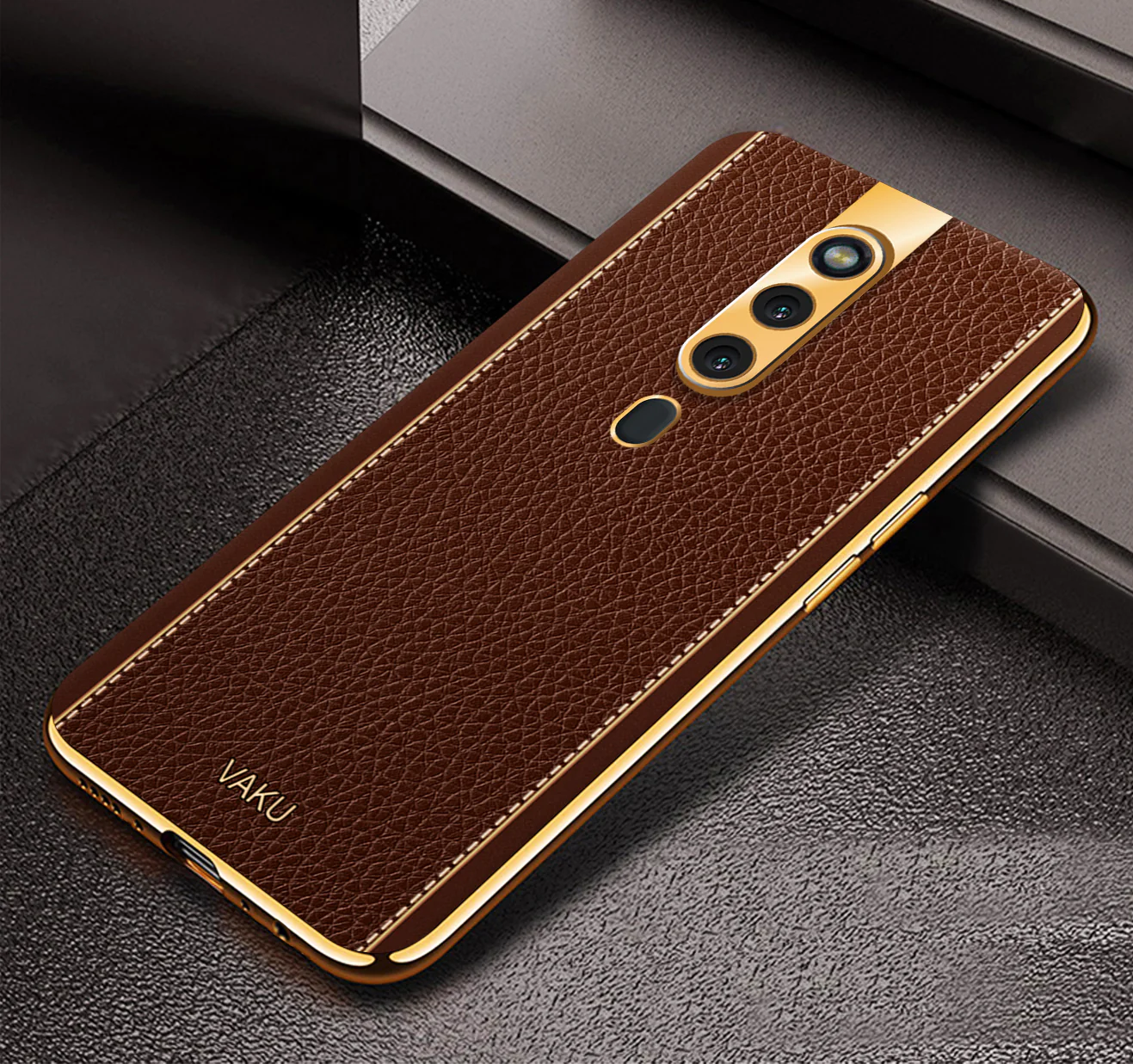 Vaku® Oppo F11 Pro Luxemberg Series Leather Stitched Gold Electroplated Soft TPU Back Cover - Image 11