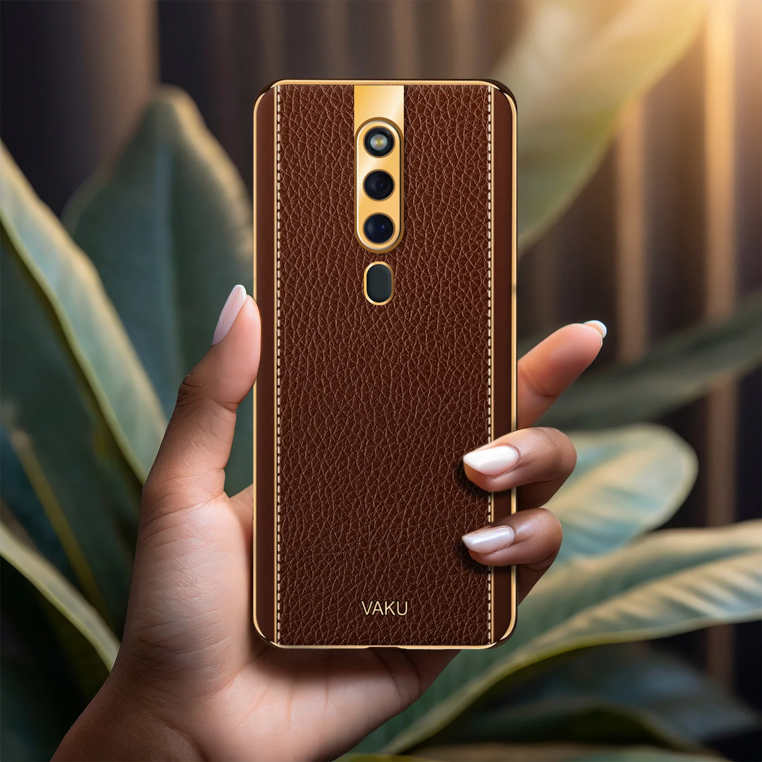 Vaku® Oppo F11 Pro Luxemberg Series Leather Stitched Gold Electroplated Soft TPU Back Cover - Image 13
