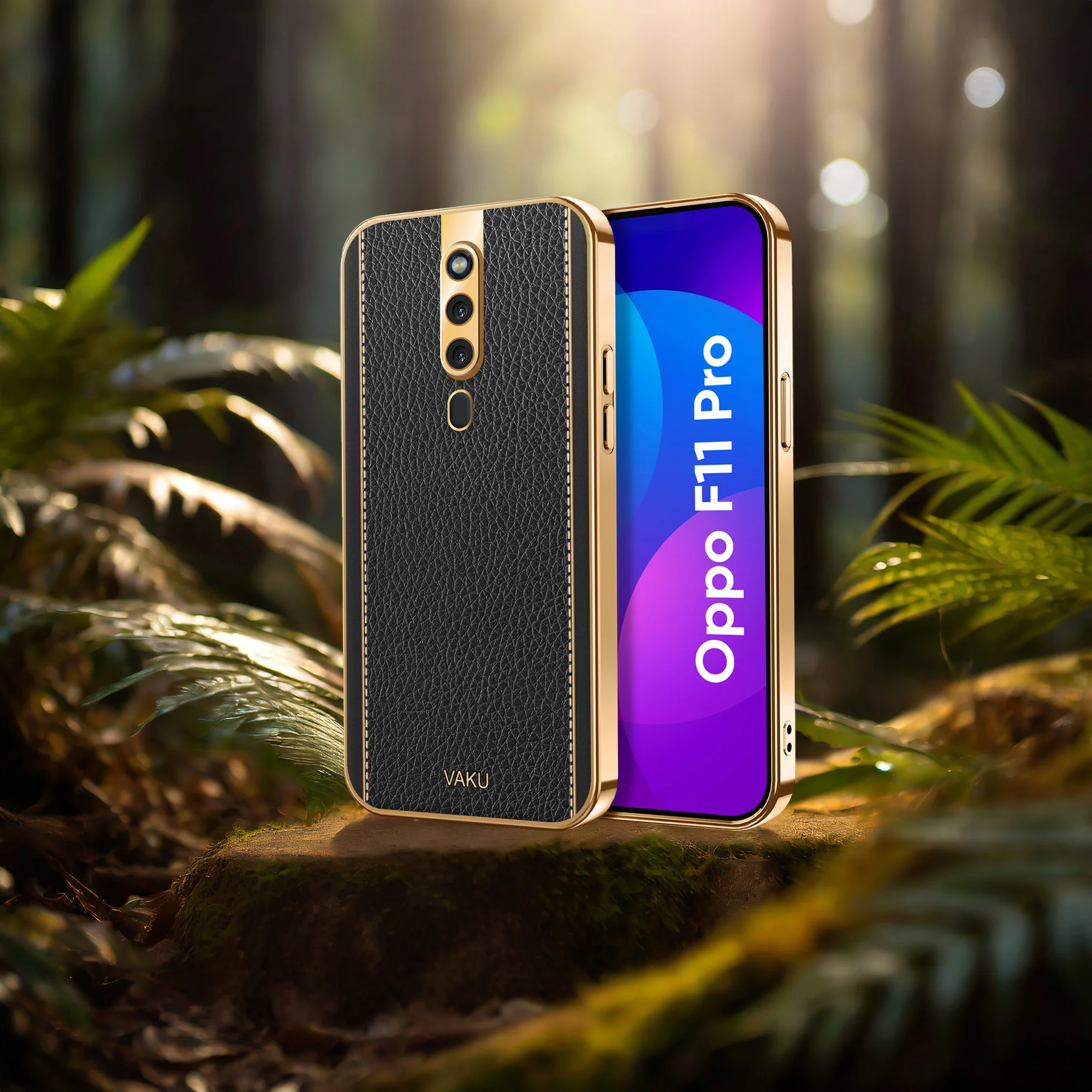 Vaku® Oppo F11 Pro Luxemberg Series Leather Stitched Gold Electroplated Soft TPU Back Cover - Image 15