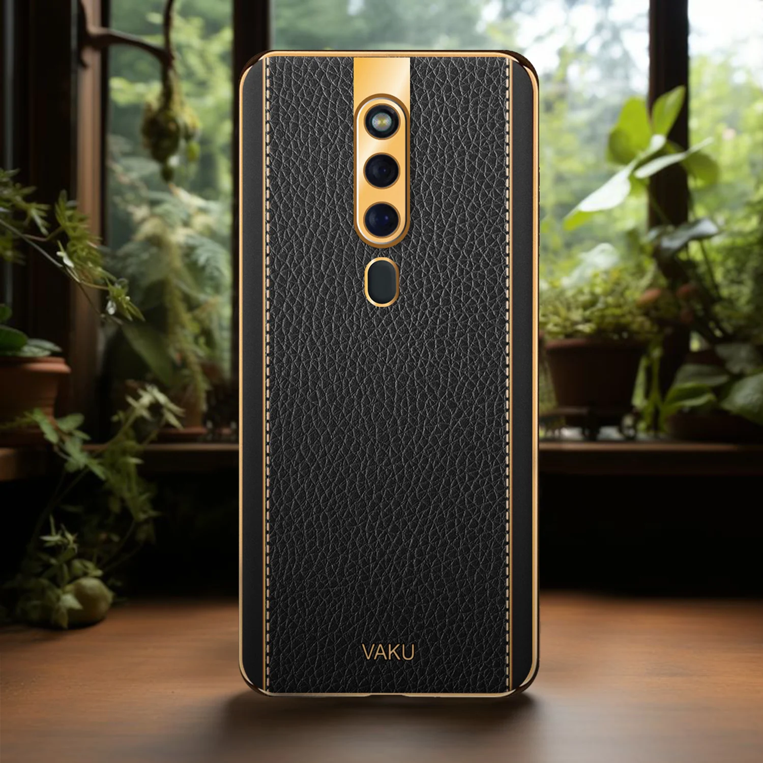 Vaku® Oppo F11 Pro Luxemberg Series Leather Stitched Gold Electroplated Soft TPU Back Cover - Image 16