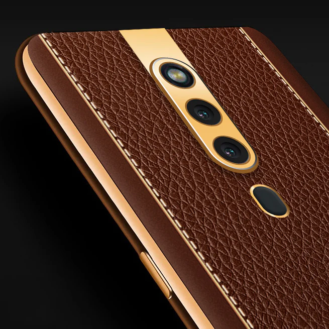 Vaku® Oppo F11 Pro Luxemberg Series Leather Stitched Gold Electroplated Soft TPU Back Cover - Image 2