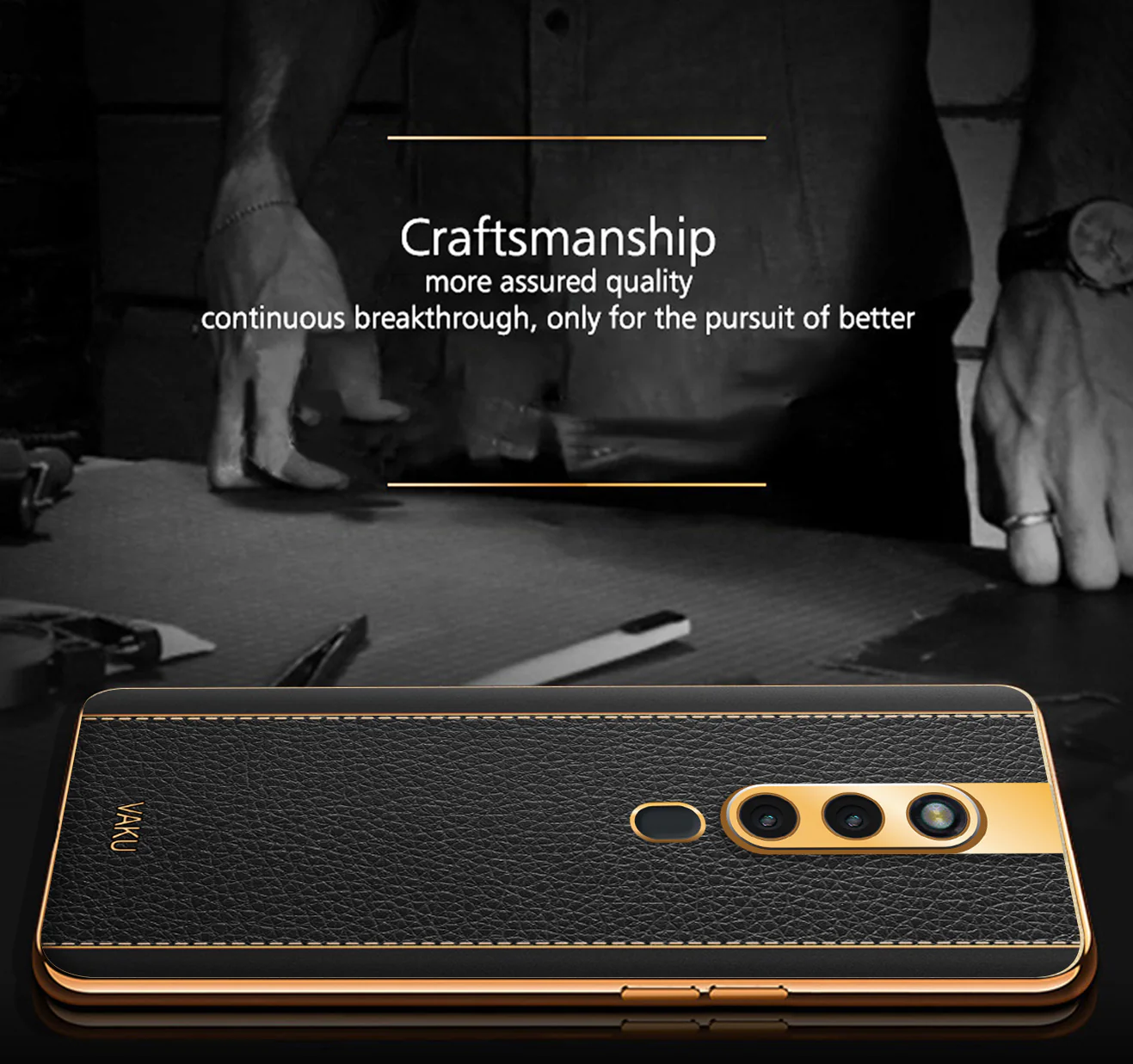 Vaku® Oppo F11 Pro Luxemberg Series Leather Stitched Gold Electroplated Soft TPU Back Cover - Image 3