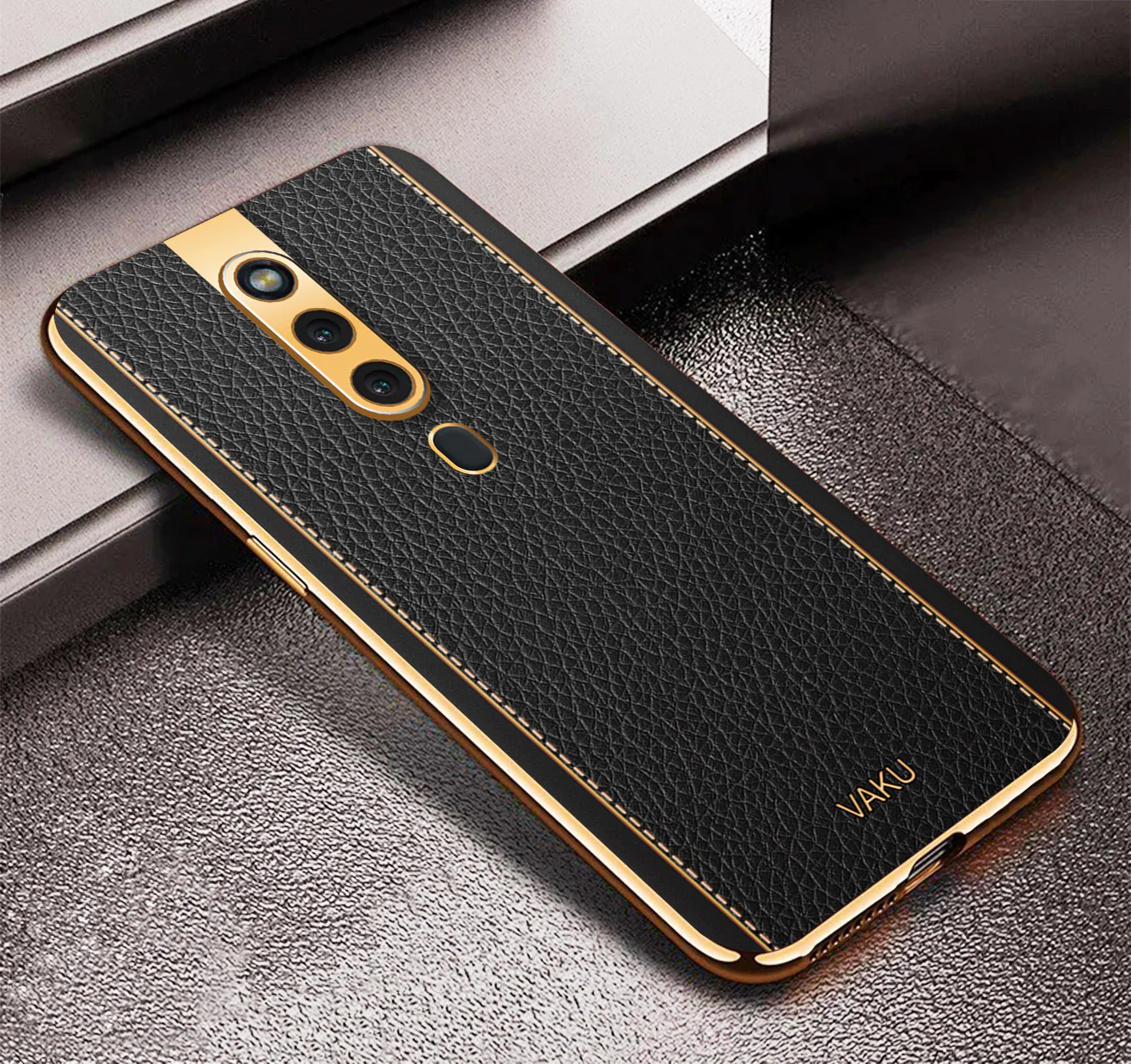 Vaku® Oppo F11 Pro Luxemberg Series Leather Stitched Gold Electroplated Soft TPU Back Cover - Image 4