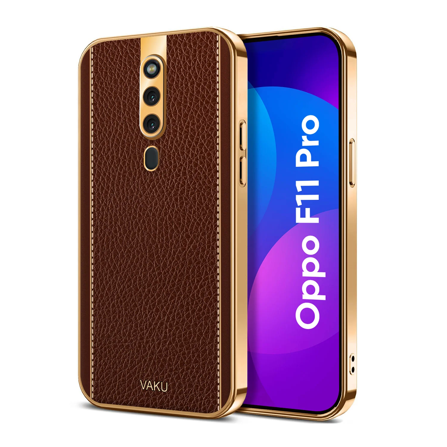 Vaku® Oppo F11 Pro Luxemberg Series Leather Stitched Gold Electroplated Soft TPU Back Cover - Image 5