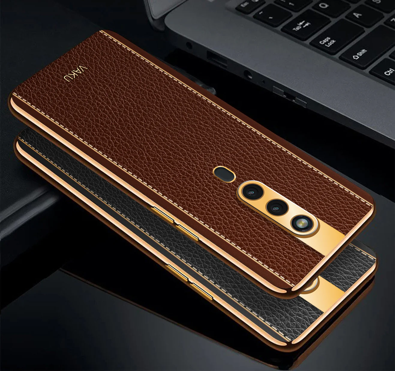 Vaku® Oppo F11 Pro Luxemberg Series Leather Stitched Gold Electroplated Soft TPU Back Cover - Image 6