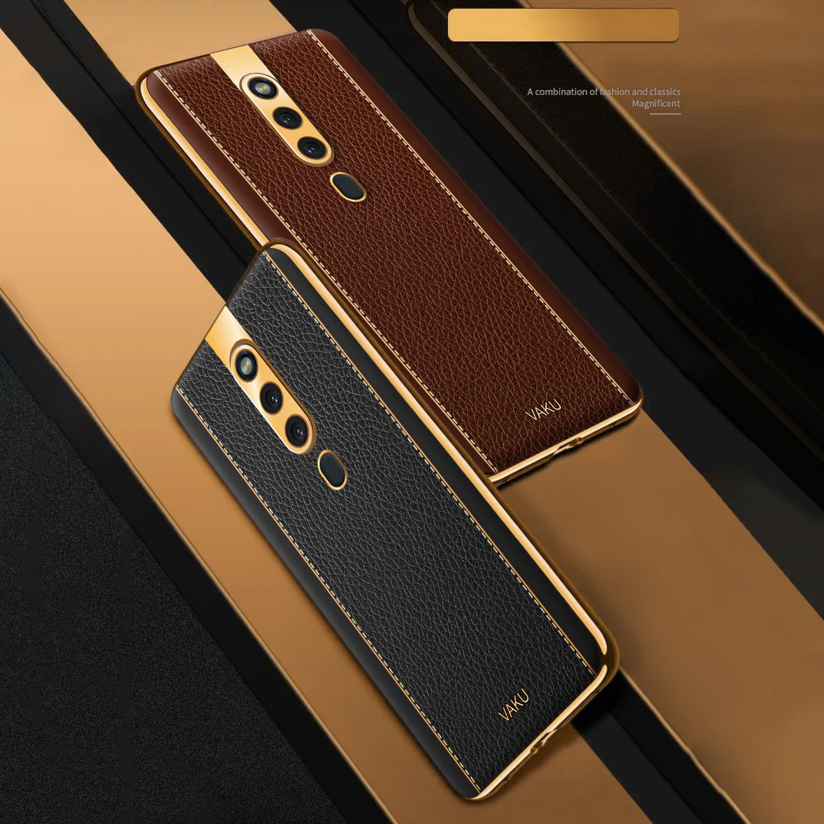 Vaku® Oppo F11 Pro Luxemberg Series Leather Stitched Gold Electroplated Soft TPU Back Cover - Image 7