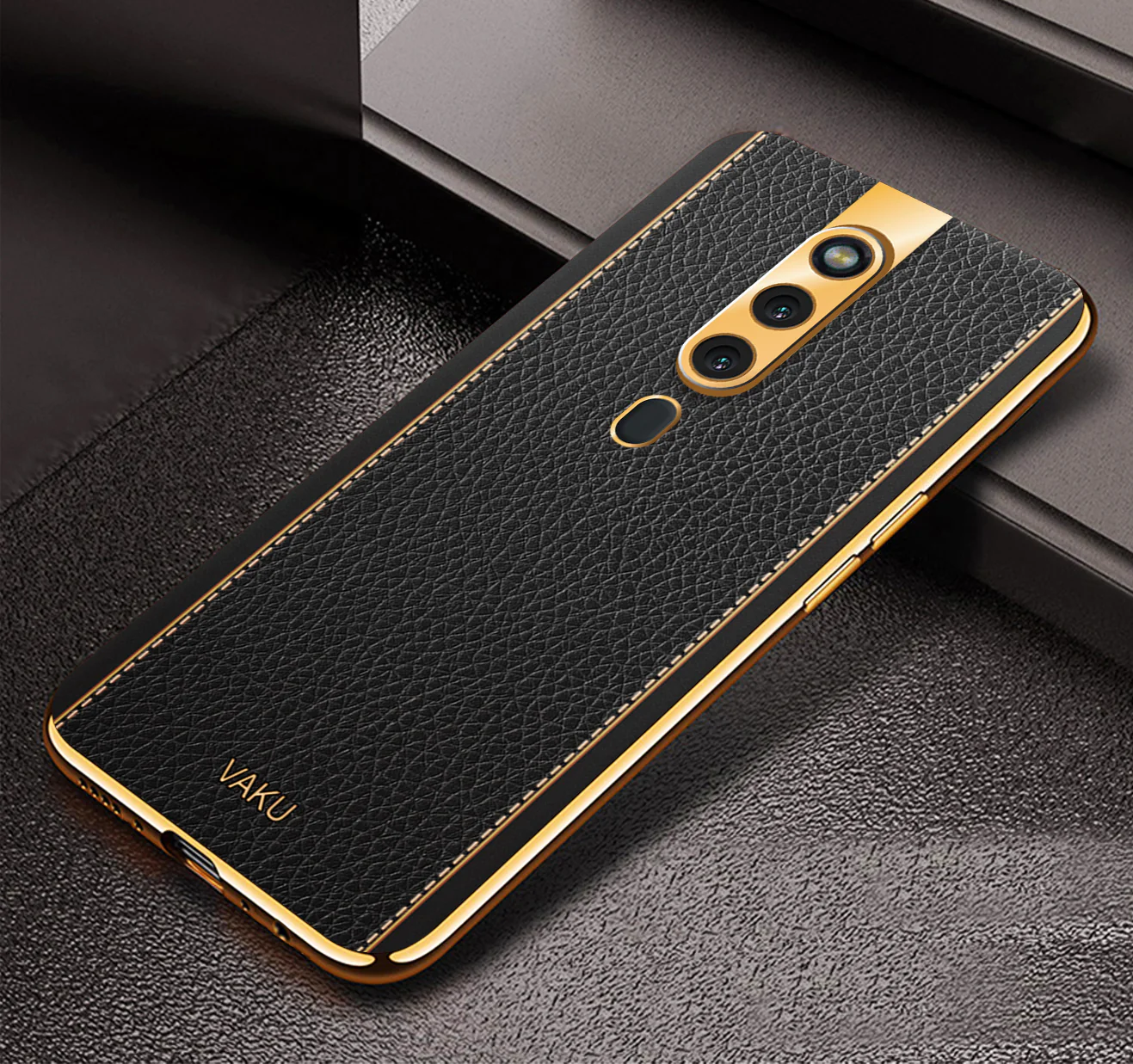 Vaku® Oppo F11 Pro Luxemberg Series Leather Stitched Gold Electroplated Soft TPU Back Cover - Image 8