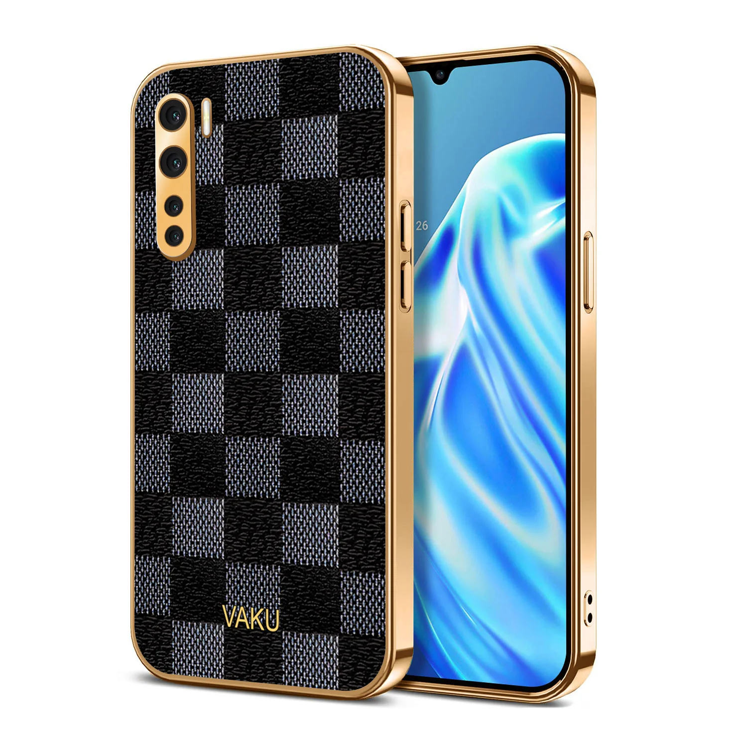 Vaku® Oppo F15 Cheron Series Leather Stitched Gold Electroplated Soft TPU Back Cover - Image 2