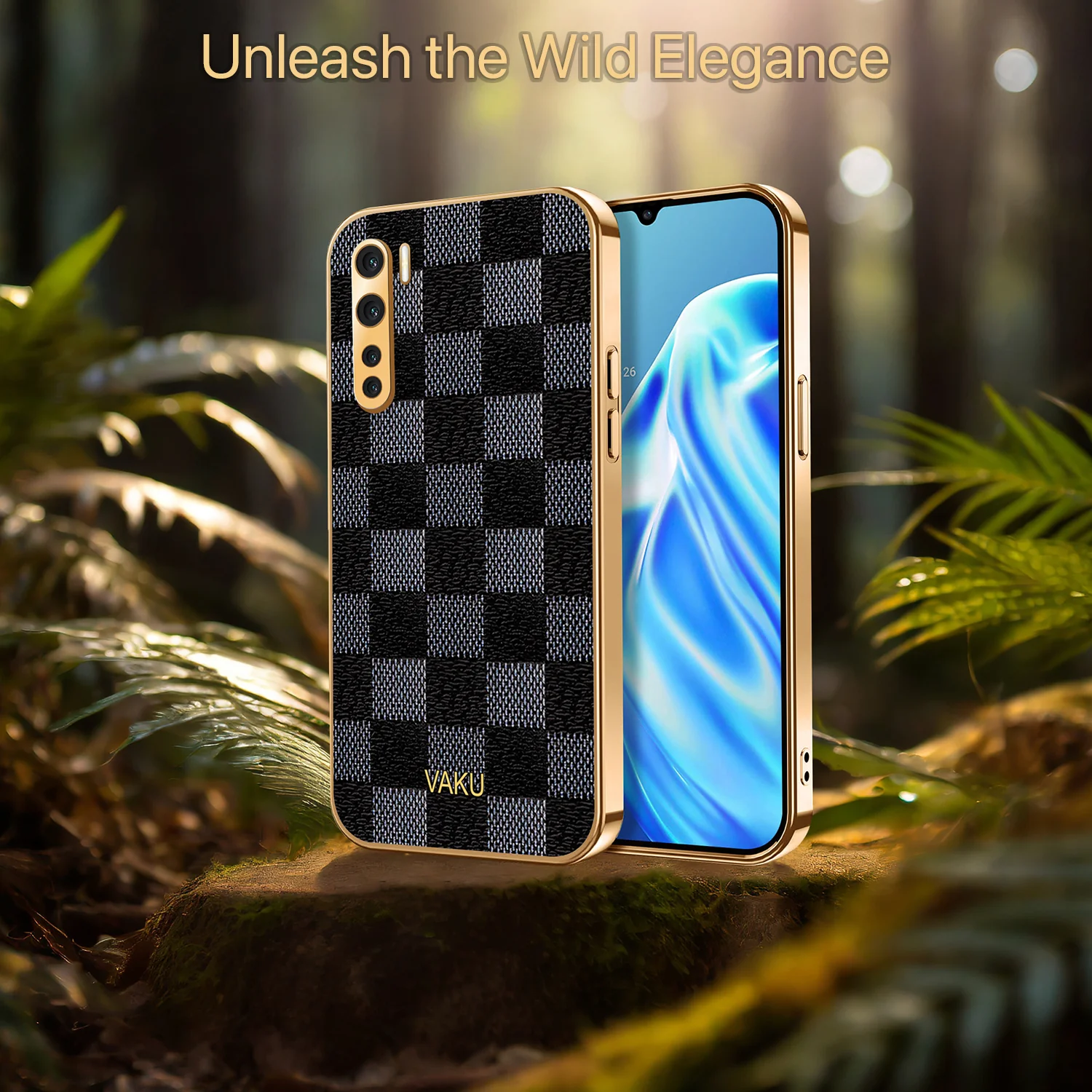 Vaku® Oppo F15 Cheron Series Leather Stitched Gold Electroplated Soft TPU Back Cover - Image 6