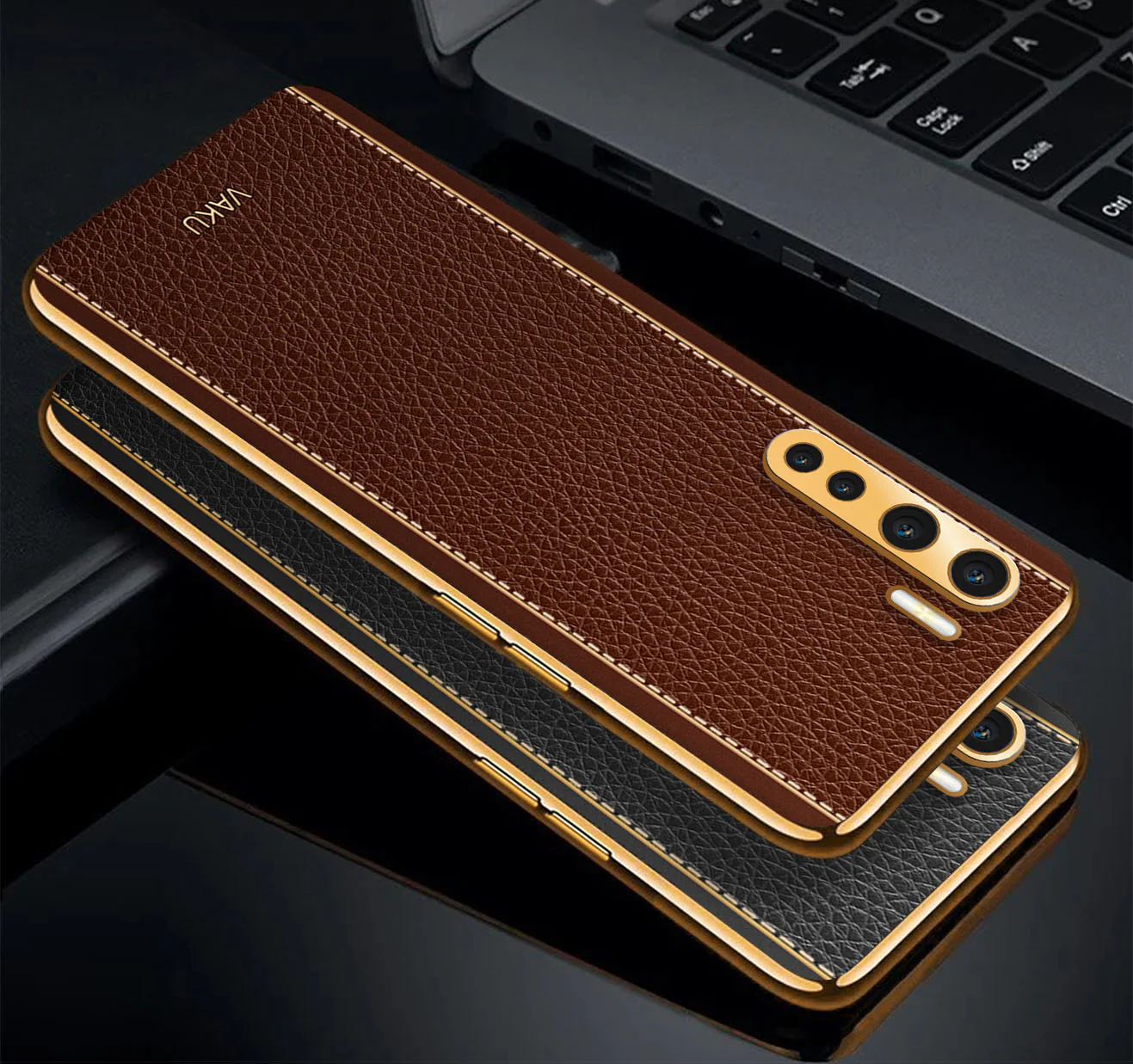 Vaku® Oppo F15 Luxemberg Series Leather Stitched Gold Electroplated Soft TPU Back Cover - Image 11