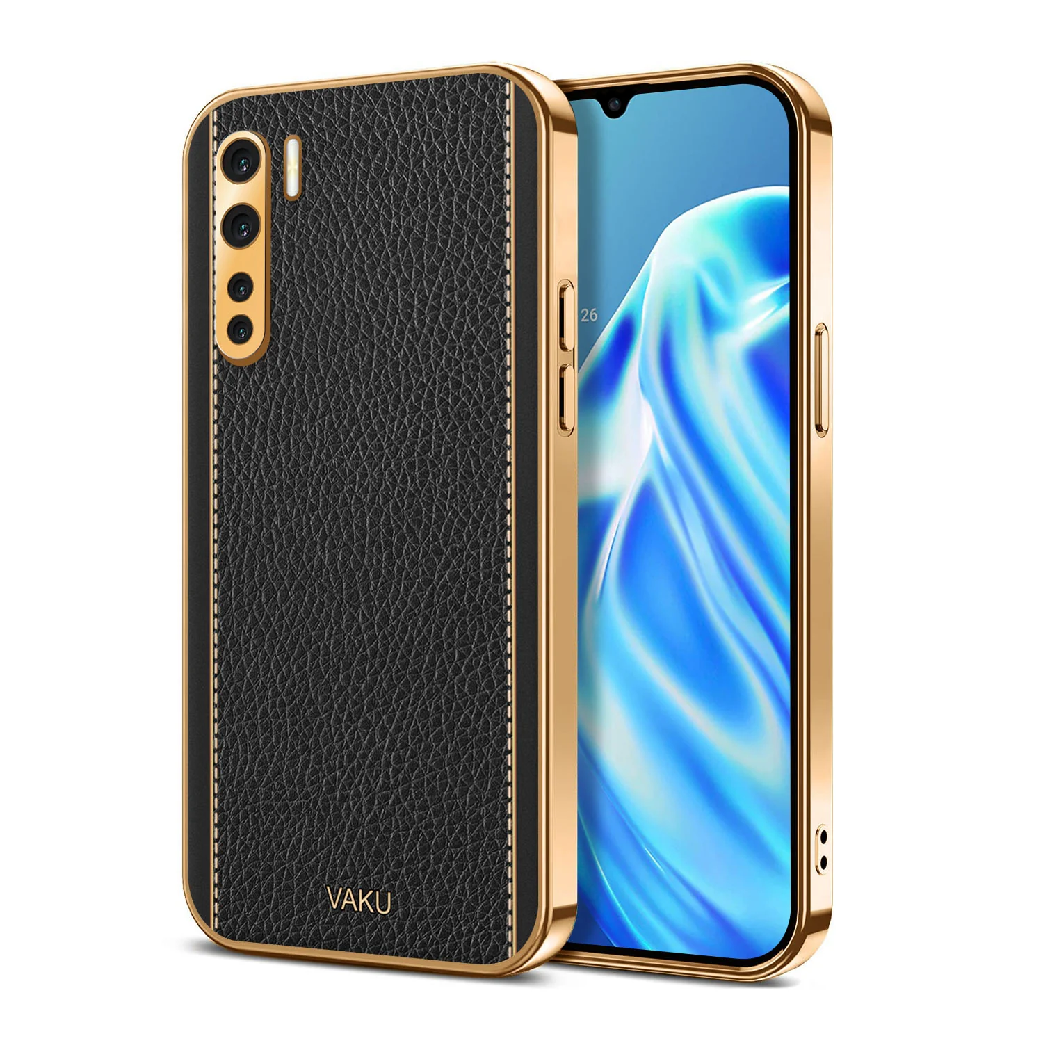 Vaku® Oppo F15 Luxemberg Series Leather Stitched Gold Electroplated Soft TPU Back Cover - Image 13
