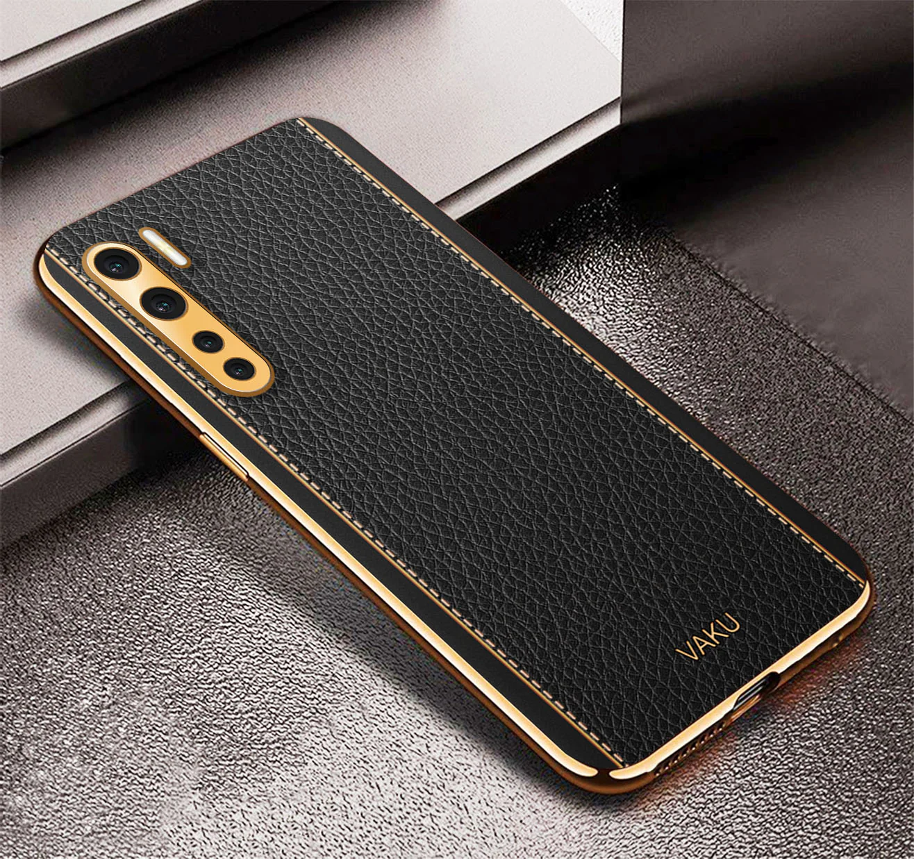 Vaku® Oppo F15 Luxemberg Series Leather Stitched Gold Electroplated Soft TPU Back Cover - Image 15