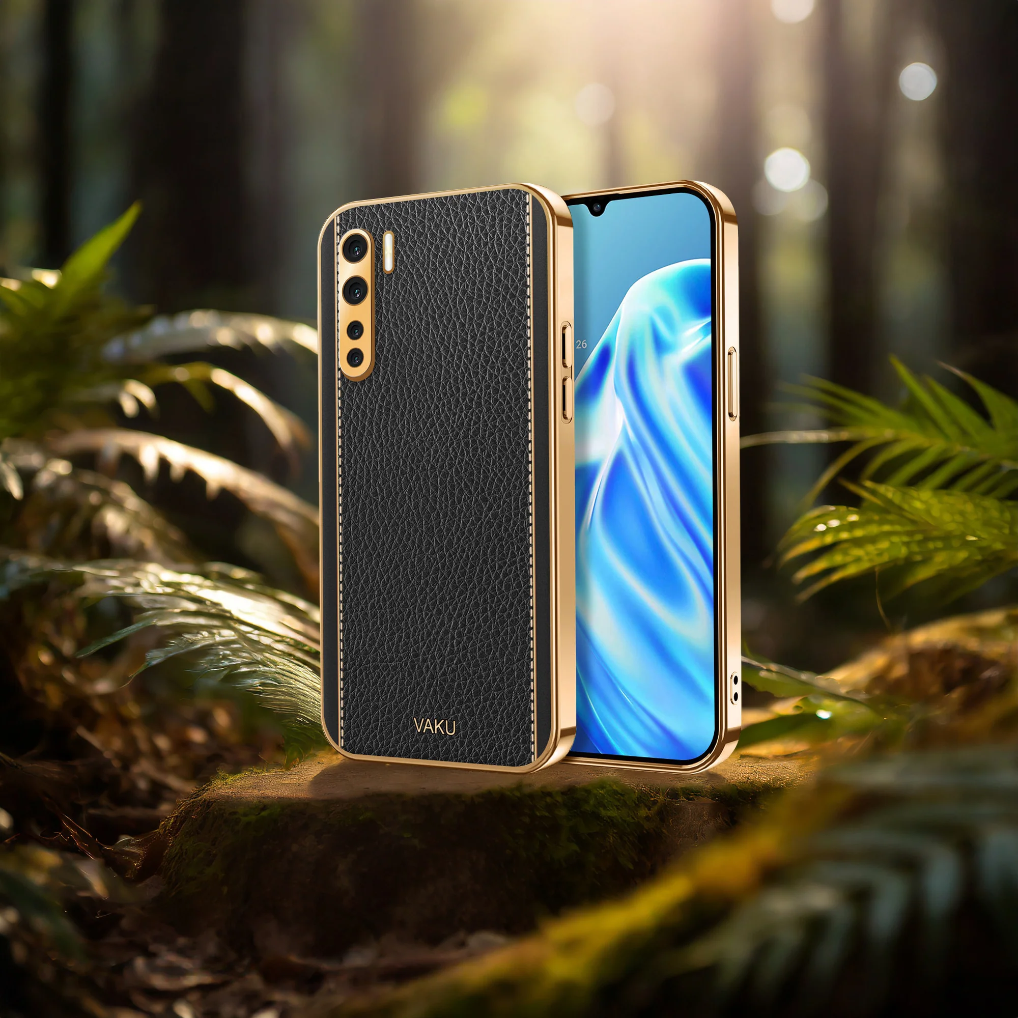 Vaku® Oppo F15 Luxemberg Series Leather Stitched Gold Electroplated Soft TPU Back Cover - Image 16