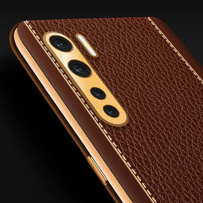 Vaku® Oppo F15 Luxemberg Series Leather Stitched Gold Electroplated Soft TPU Back Cover - Image 2