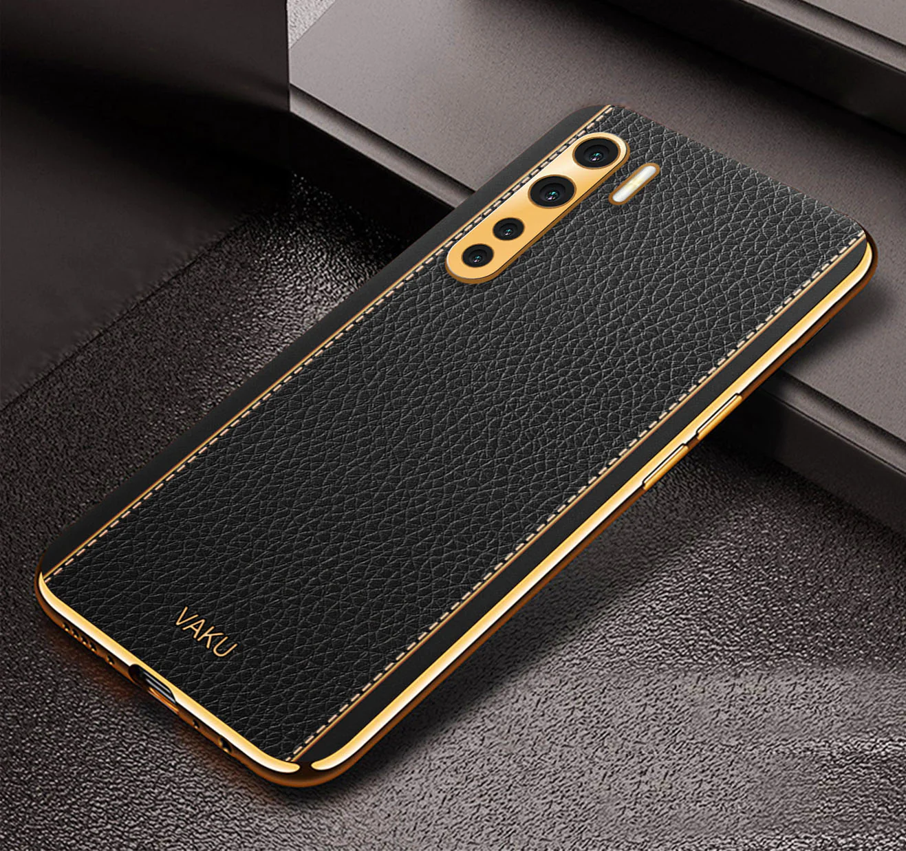 Vaku® Oppo F15 Luxemberg Series Leather Stitched Gold Electroplated Soft TPU Back Cover - Image 3
