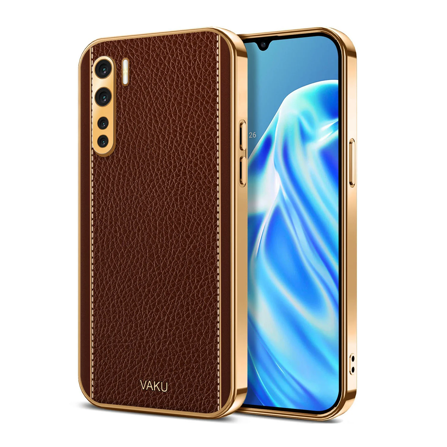 Vaku® Oppo F15 Luxemberg Series Leather Stitched Gold Electroplated Soft TPU Back Cover - Image 4
