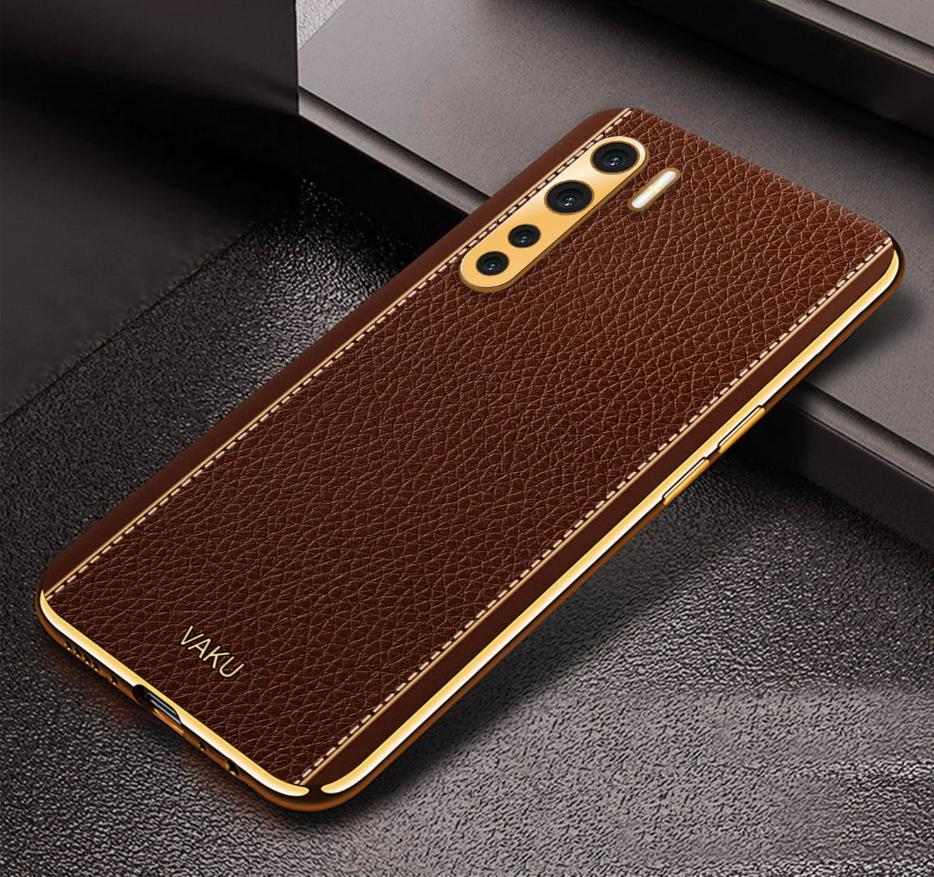 Vaku® Oppo F15 Luxemberg Series Leather Stitched Gold Electroplated Soft TPU Back Cover - Image 7