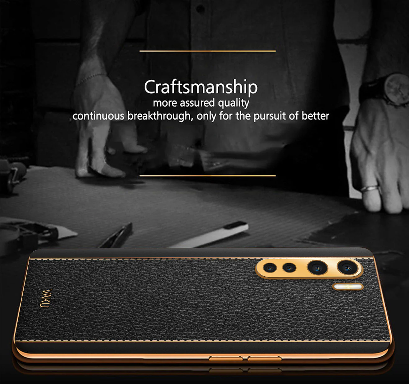 Vaku® Oppo F15 Luxemberg Series Leather Stitched Gold Electroplated Soft TPU Back Cover - Image 8