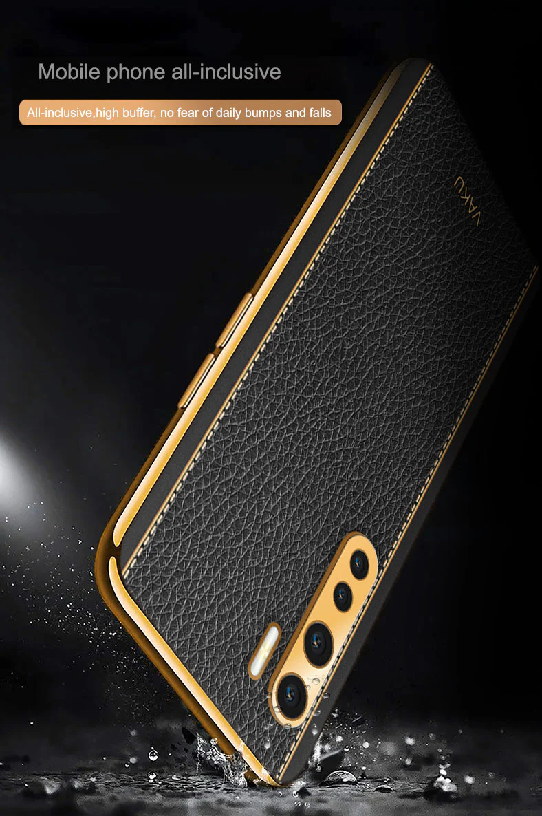 Vaku® Oppo F15 Luxemberg Series Leather Stitched Gold Electroplated Soft TPU Back Cover - Image 9