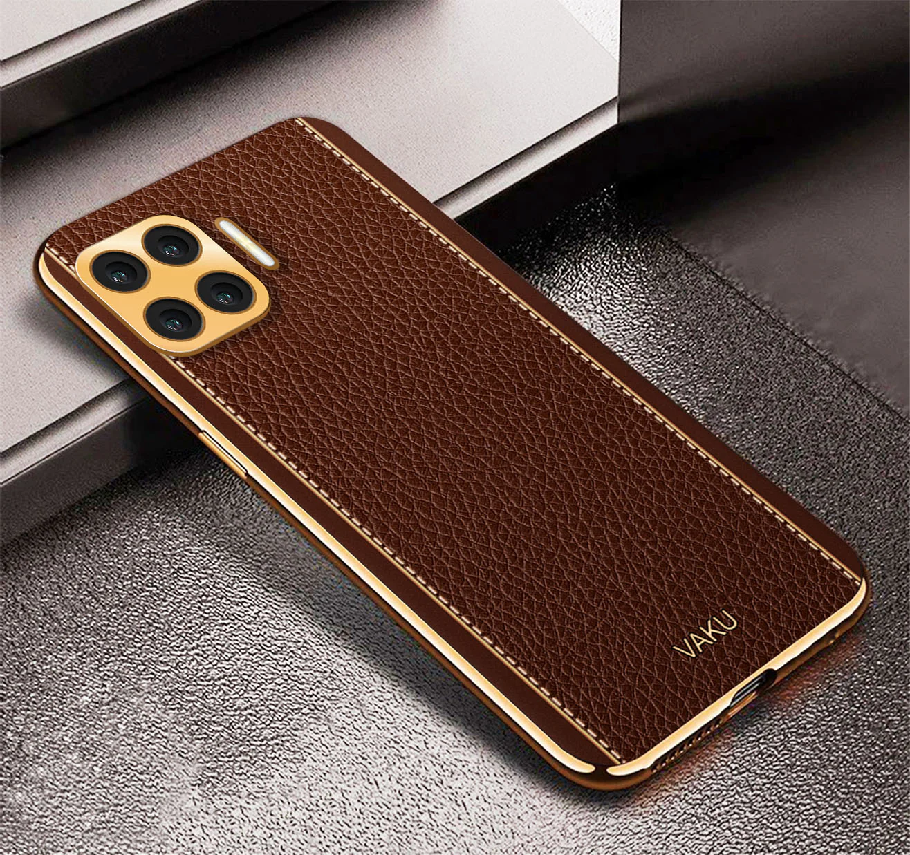 Vaku® Oppo F17 Luxemberg Series Leather Stitched Gold Electroplated Soft TPU Back Cover