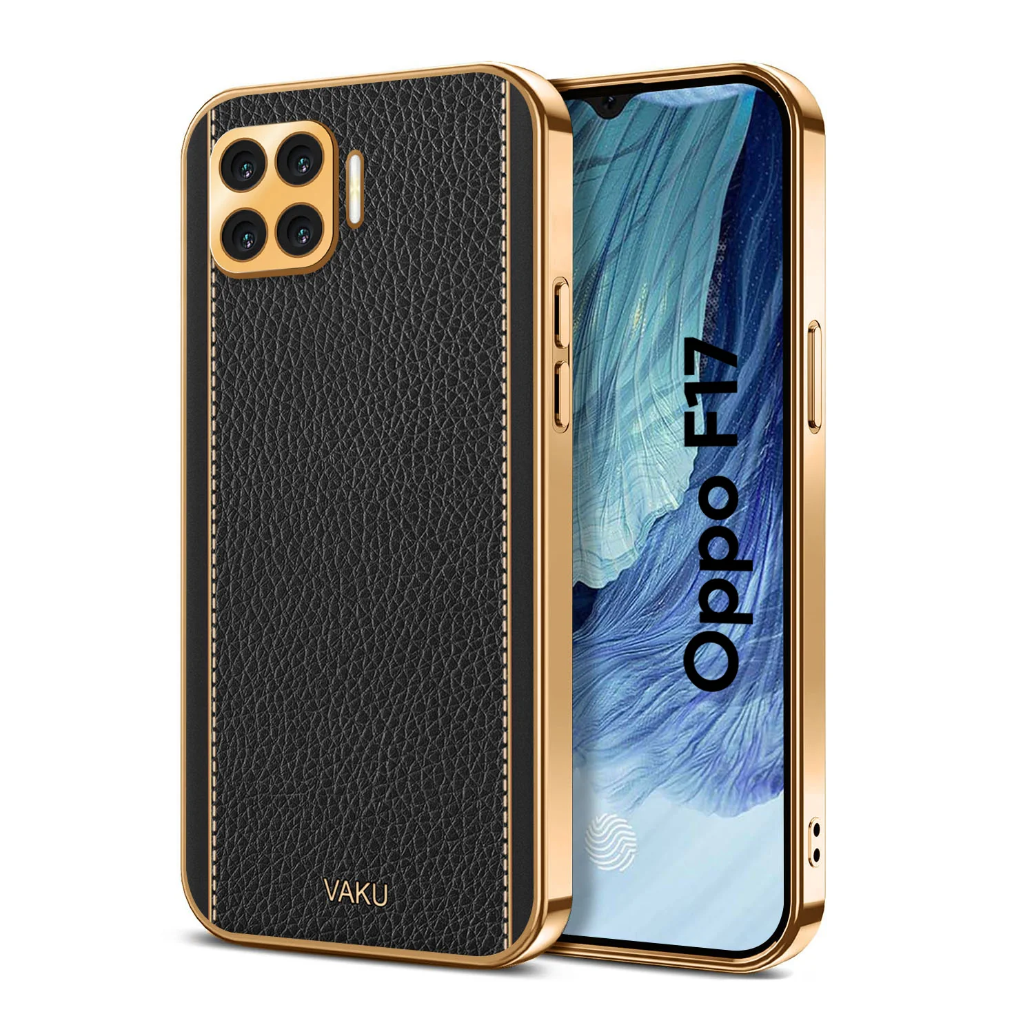Vaku® Oppo F17 Luxemberg Series Leather Stitched Gold Electroplated Soft TPU Back Cover - Image 11