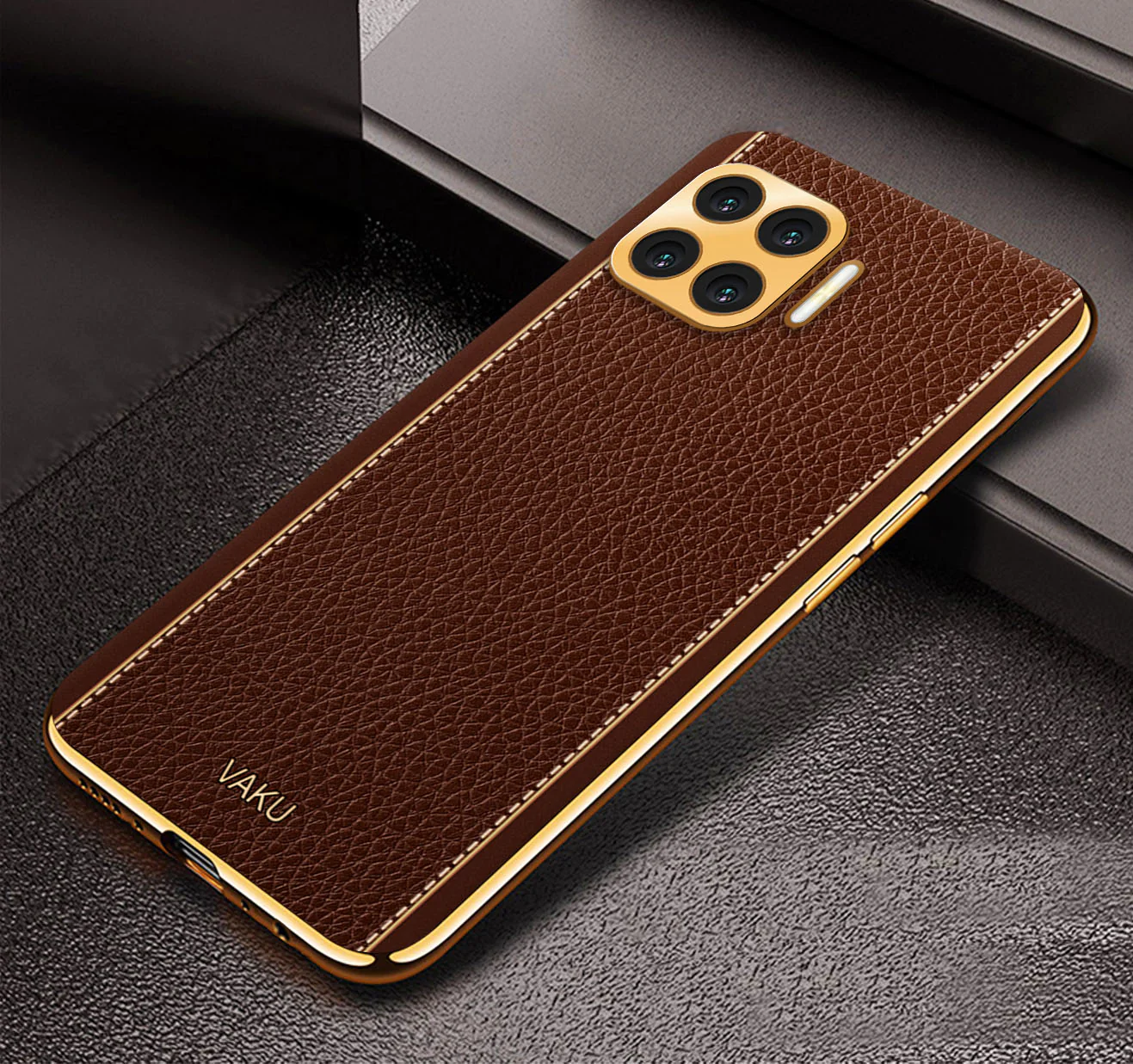 Vaku® Oppo F17 Luxemberg Series Leather Stitched Gold Electroplated Soft TPU Back Cover - Image 12