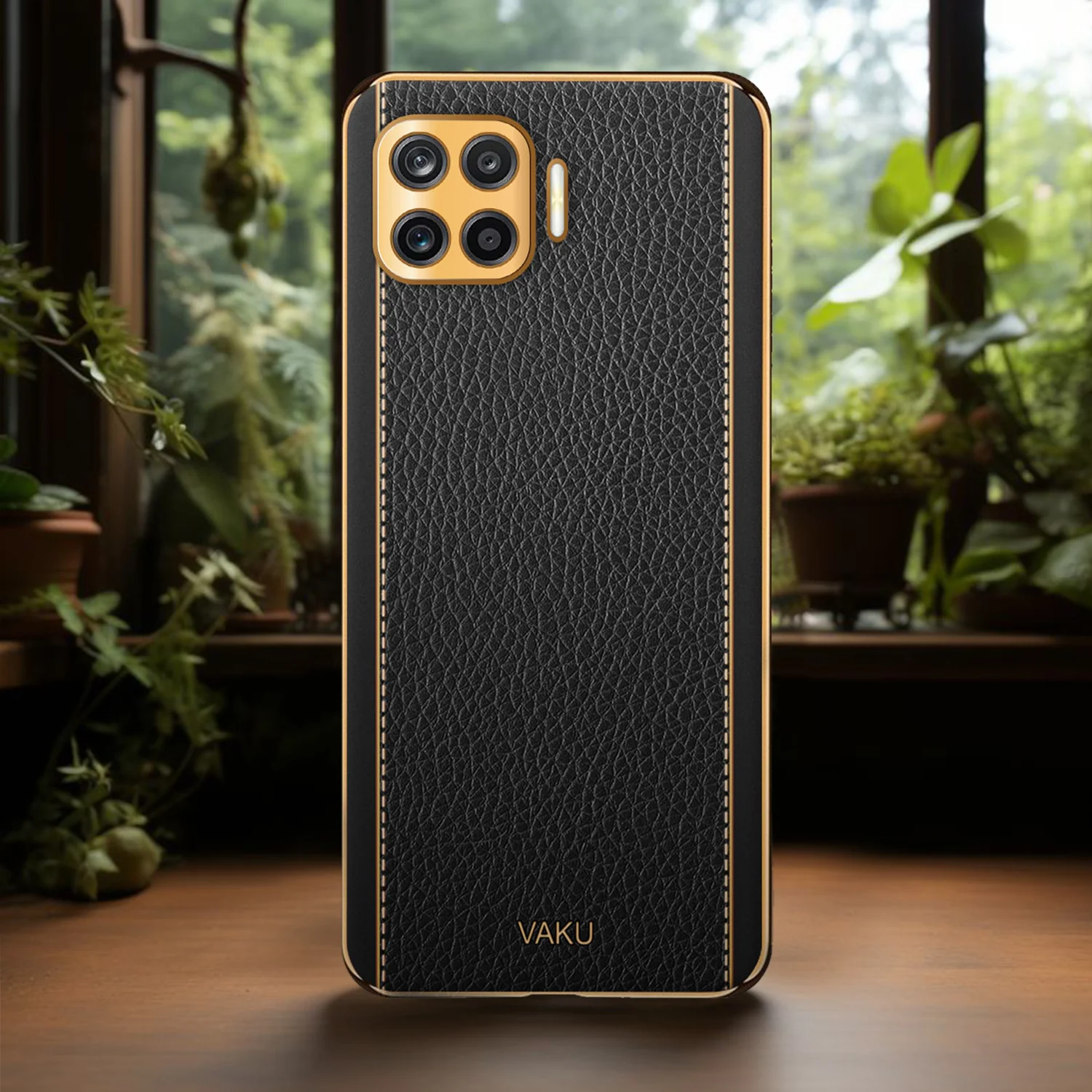 Vaku® Oppo F17 Luxemberg Series Leather Stitched Gold Electroplated Soft TPU Back Cover - Image 14