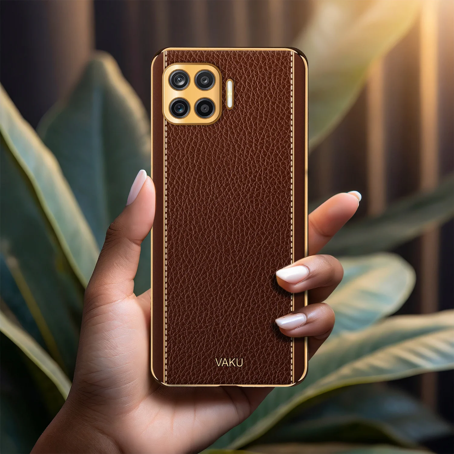 Vaku® Oppo F17 Luxemberg Series Leather Stitched Gold Electroplated Soft TPU Back Cover - Image 15