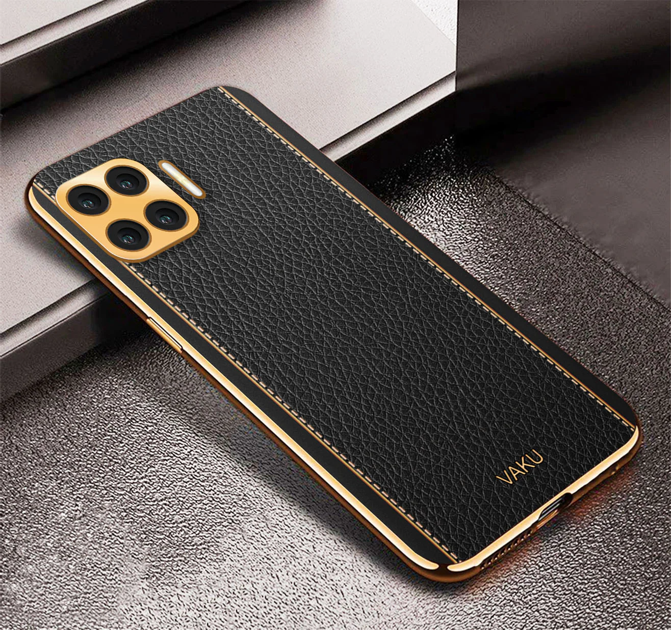 Vaku® Oppo F17 Luxemberg Series Leather Stitched Gold Electroplated Soft TPU Back Cover - Image 4
