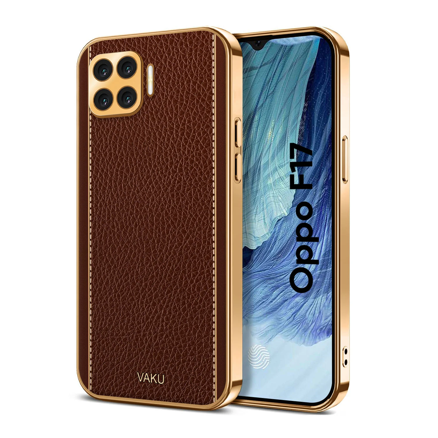 Vaku® Oppo F17 Luxemberg Series Leather Stitched Gold Electroplated Soft TPU Back Cover - Image 5