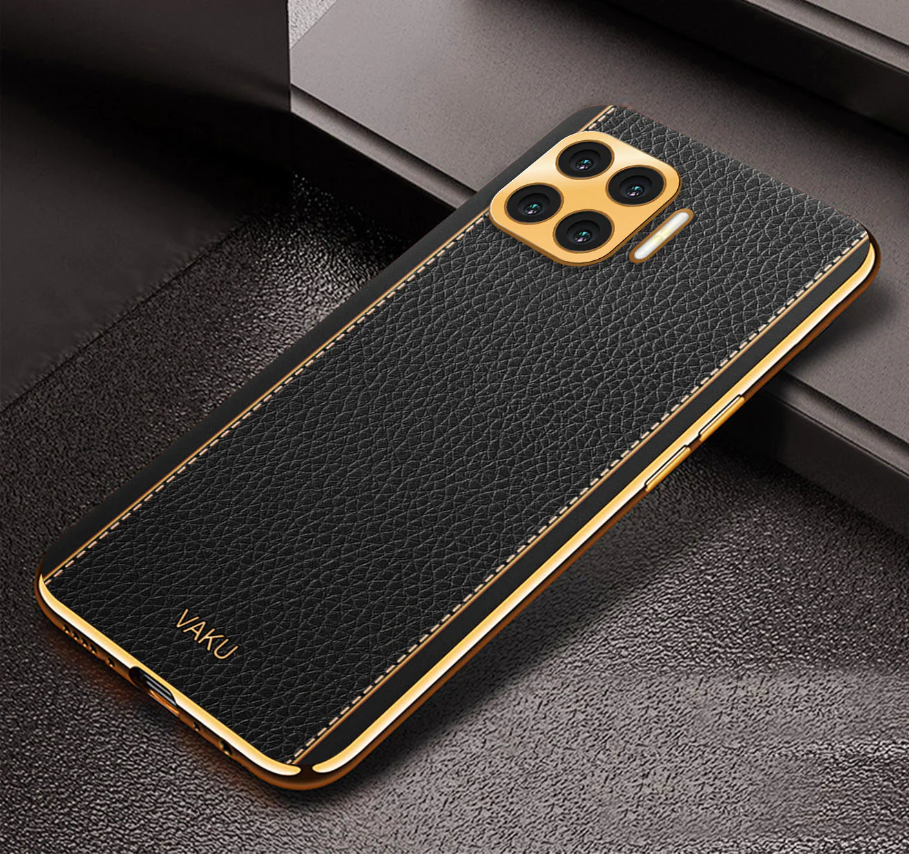 Vaku® Oppo F17 Luxemberg Series Leather Stitched Gold Electroplated Soft TPU Back Cover - Image 6