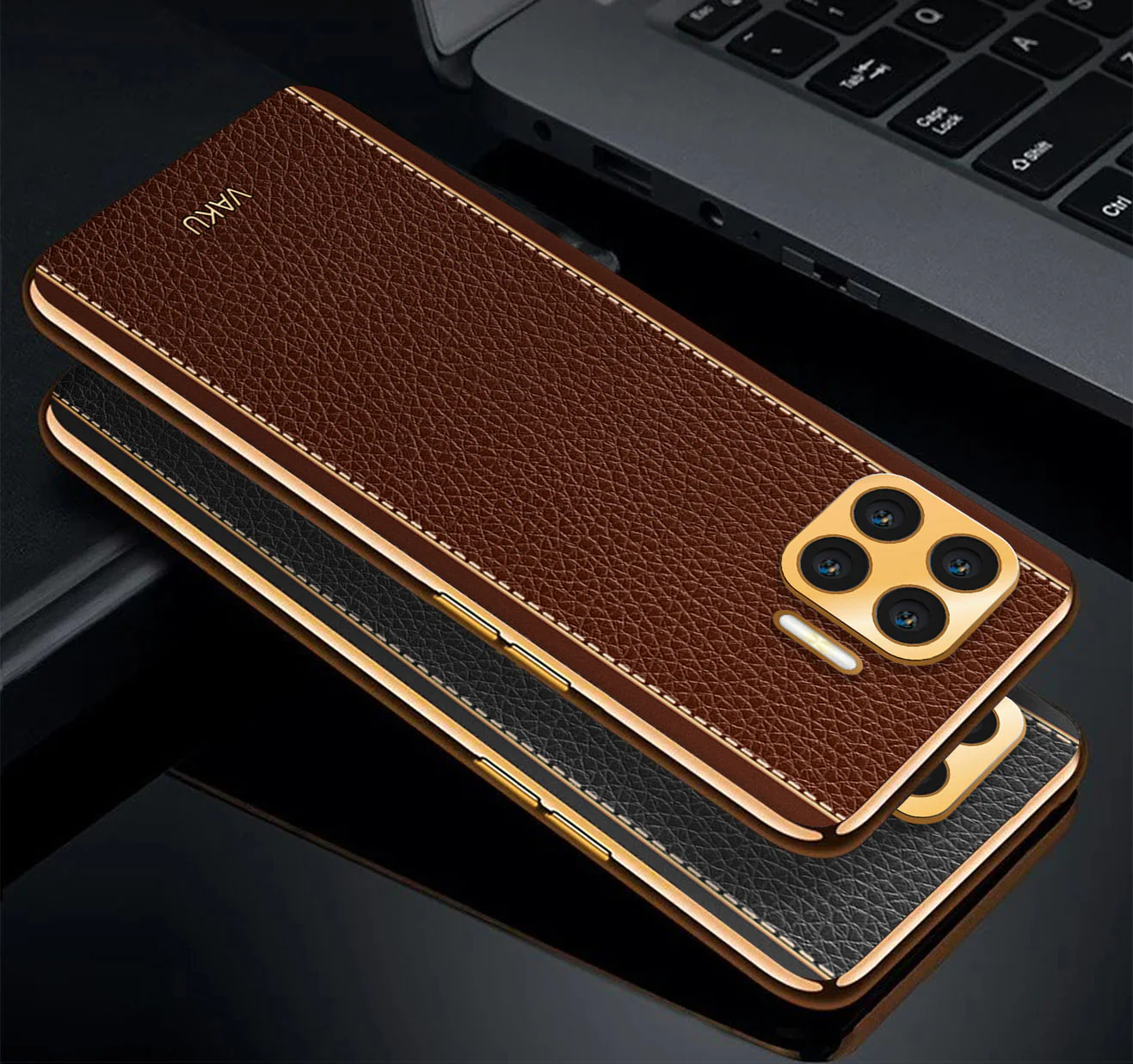 Vaku® Oppo F17 Luxemberg Series Leather Stitched Gold Electroplated Soft TPU Back Cover - Image 7