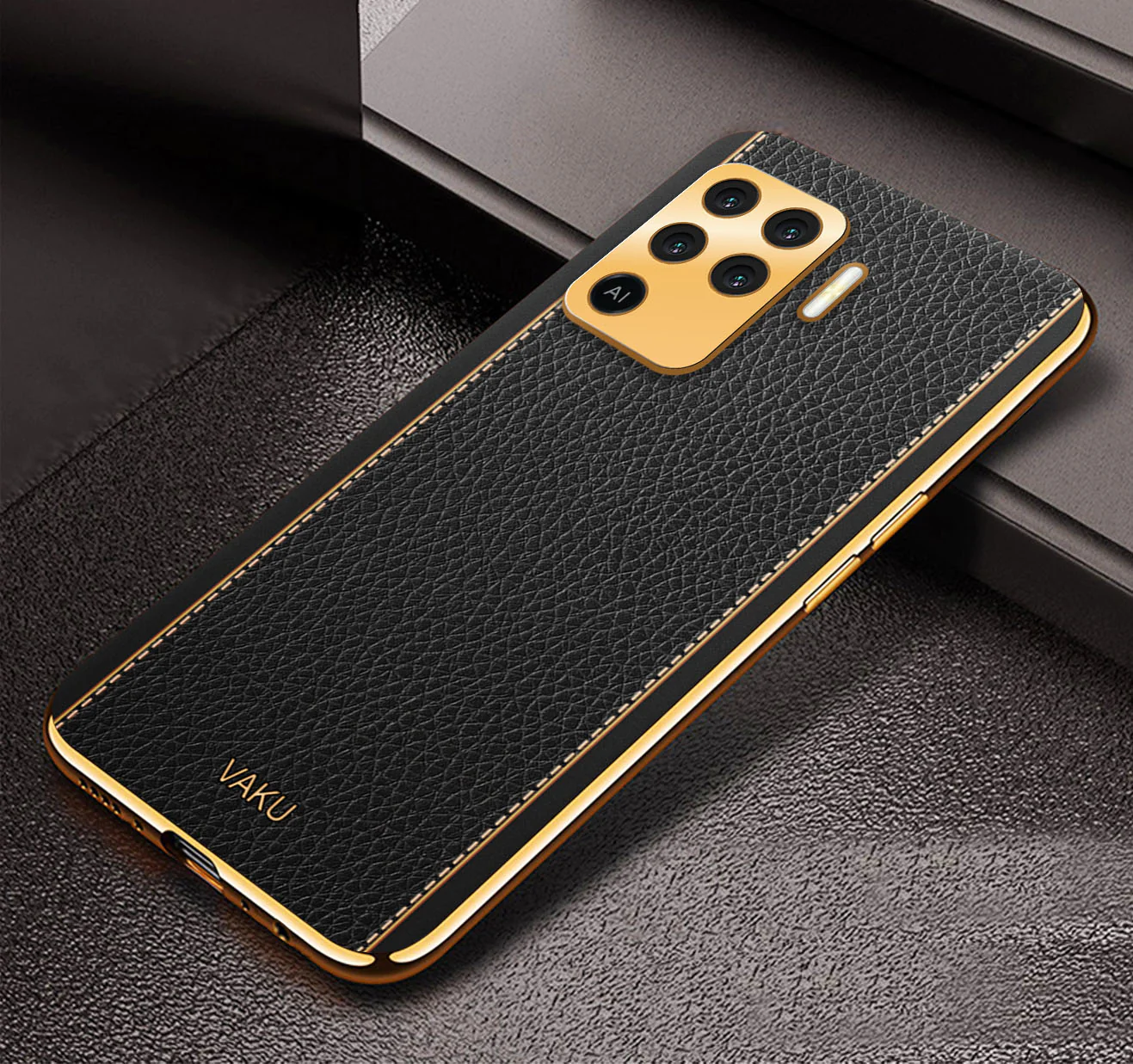 Vaku® Oppo F19 Pro Luxemberg Series Leather Stitched Gold Electroplated Soft TPU Back Cover - Image 10
