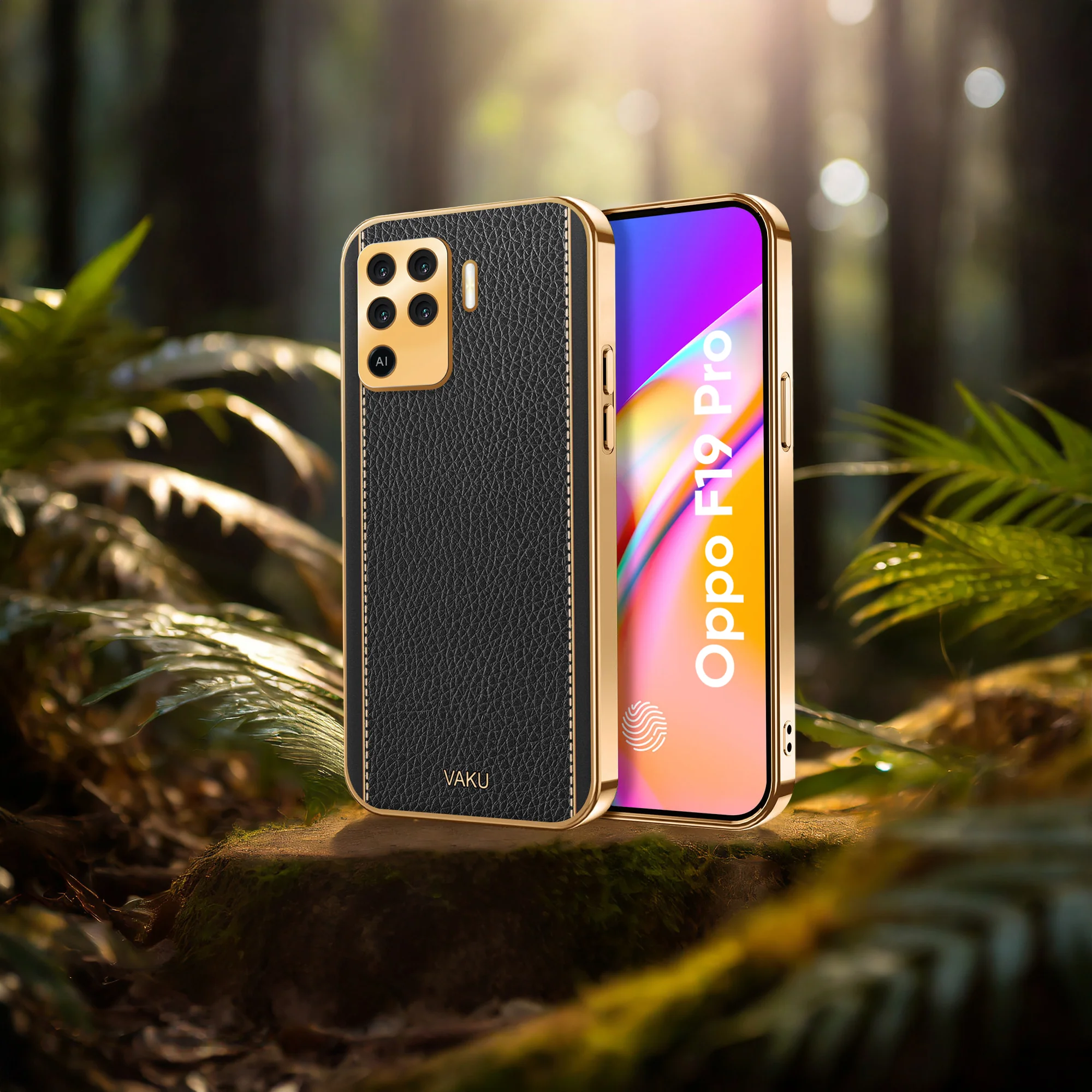 Vaku® Oppo F19 Pro Luxemberg Series Leather Stitched Gold Electroplated Soft TPU Back Cover - Image 13