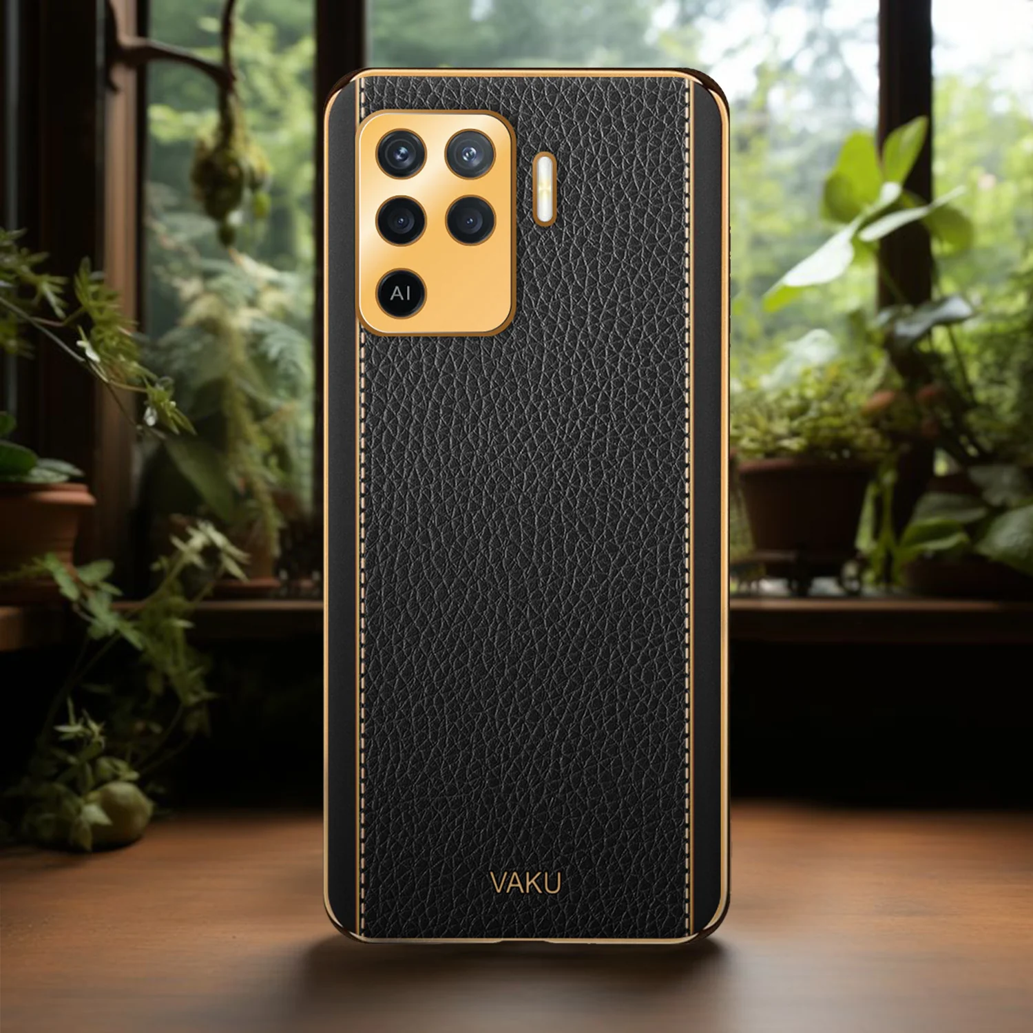 Vaku® Oppo F19 Pro Luxemberg Series Leather Stitched Gold Electroplated Soft TPU Back Cover - Image 15