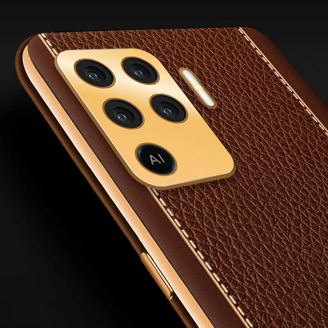 Vaku® Oppo F19 Pro Luxemberg Series Leather Stitched Gold Electroplated Soft TPU Back Cover - Image 2