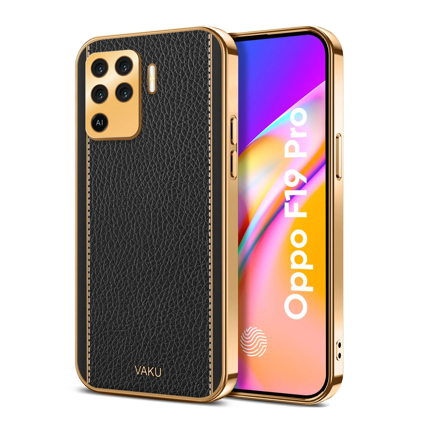 Vaku® Oppo F19 Pro Luxemberg Series Leather Stitched Gold Electroplated Soft TPU Back Cover - Image 5