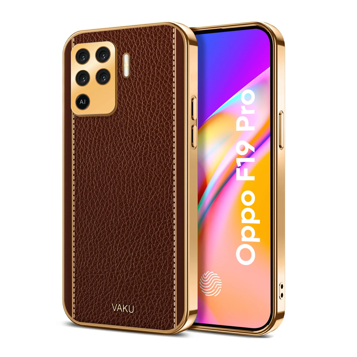 Vaku® Oppo F19 Pro Luxemberg Series Leather Stitched Gold Electroplated Soft TPU Back Cover - Image 7