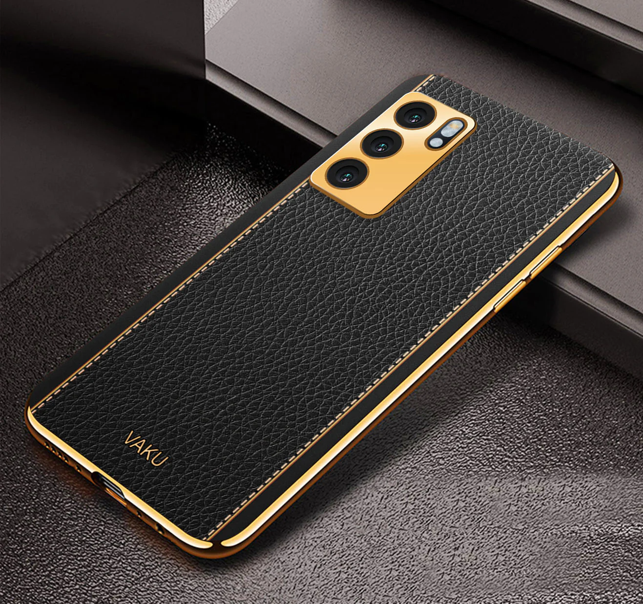 Vaku® Oppo Reno6 5G Luxemberg Series Leather Stitched Gold Electroplated Soft TPU Back Cover - Image 10