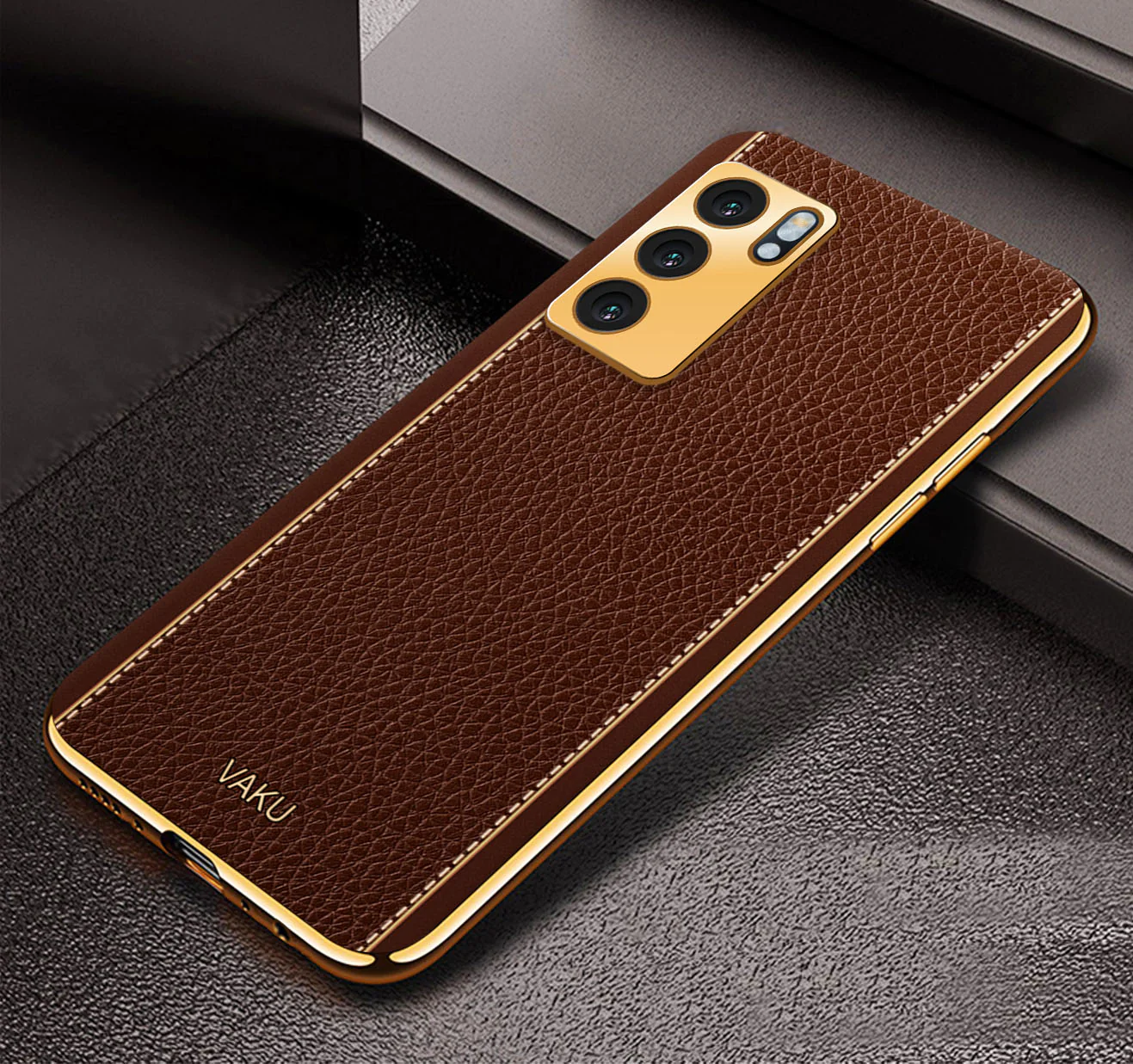 Vaku® Oppo Reno6 5G Luxemberg Series Leather Stitched Gold Electroplated Soft TPU Back Cover - Image 11