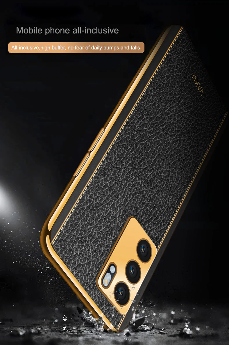 Vaku® Oppo Reno6 5G Luxemberg Series Leather Stitched Gold Electroplated Soft TPU Back Cover - Image 12