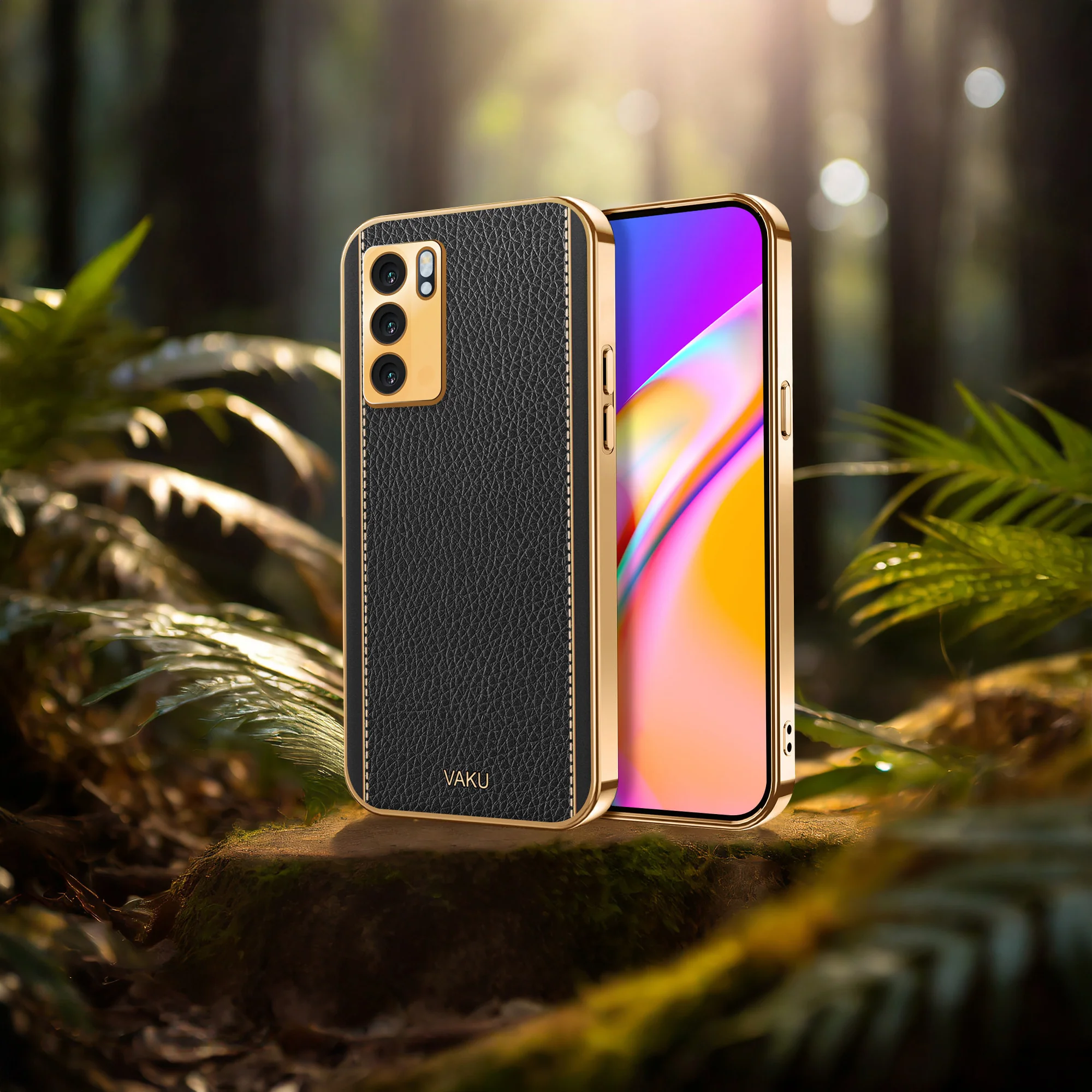 Vaku® Oppo Reno6 5G Luxemberg Series Leather Stitched Gold Electroplated Soft TPU Back Cover - Image 13